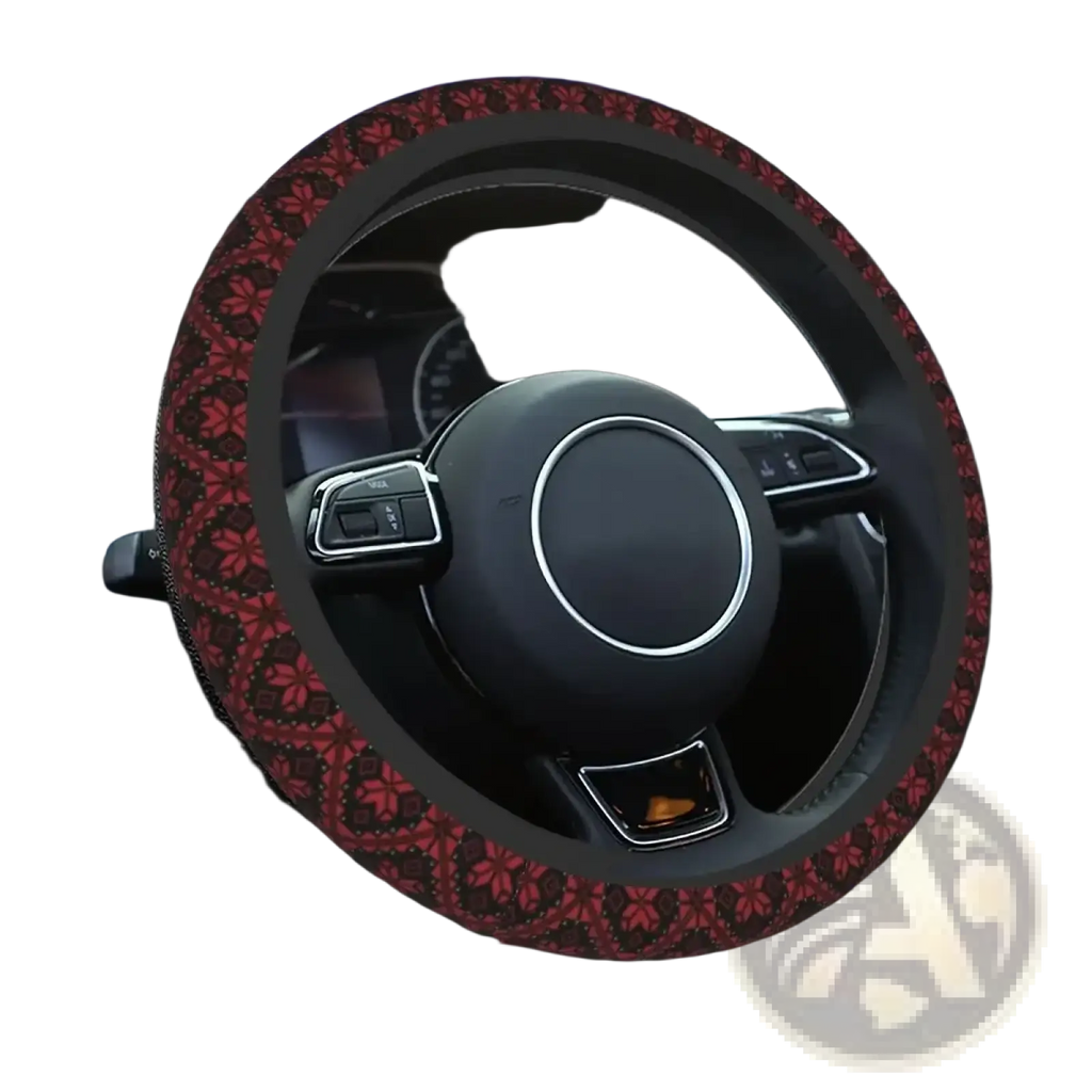 Tatreez car steering wheel cover with red and black Palestinian floral pattern for auto accessory use