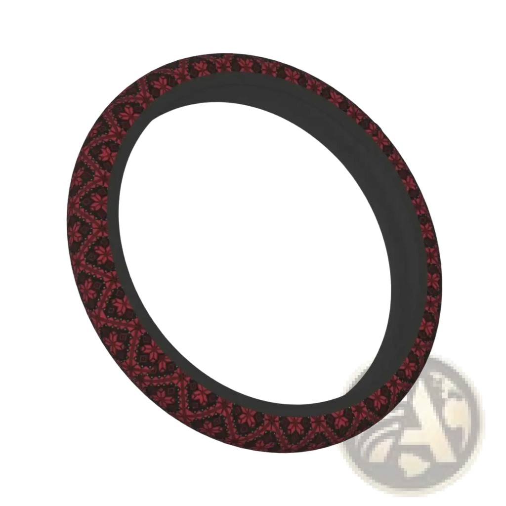 Tatreez car steering wheel cover with dark red and black floral pattern and smooth black inner lining for auto use