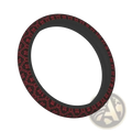 Tatreez car steering wheel cover with dark red and black floral pattern and smooth black inner lining for auto use