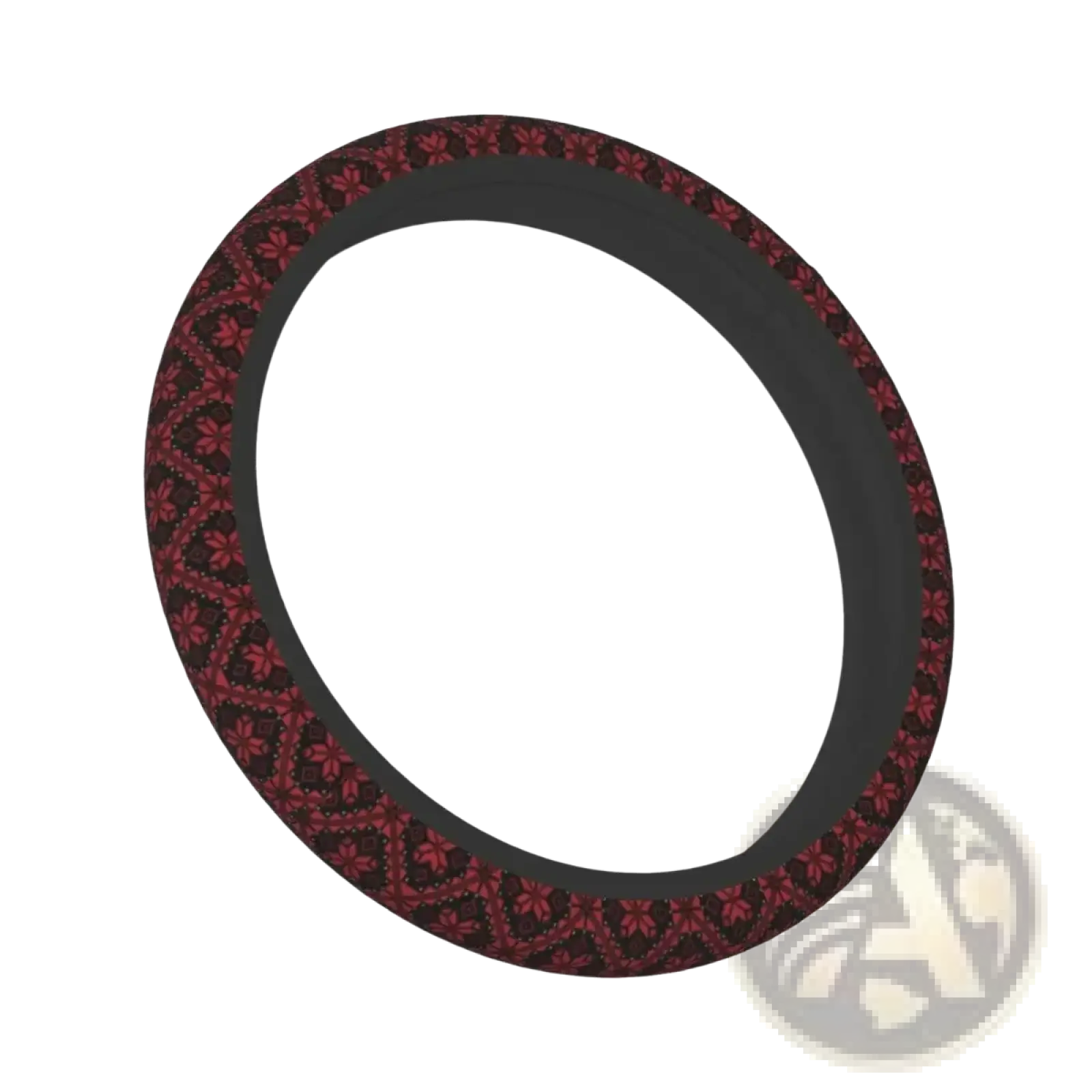 Tatreez car steering wheel cover with dark red and black floral pattern and smooth black inner lining for auto use