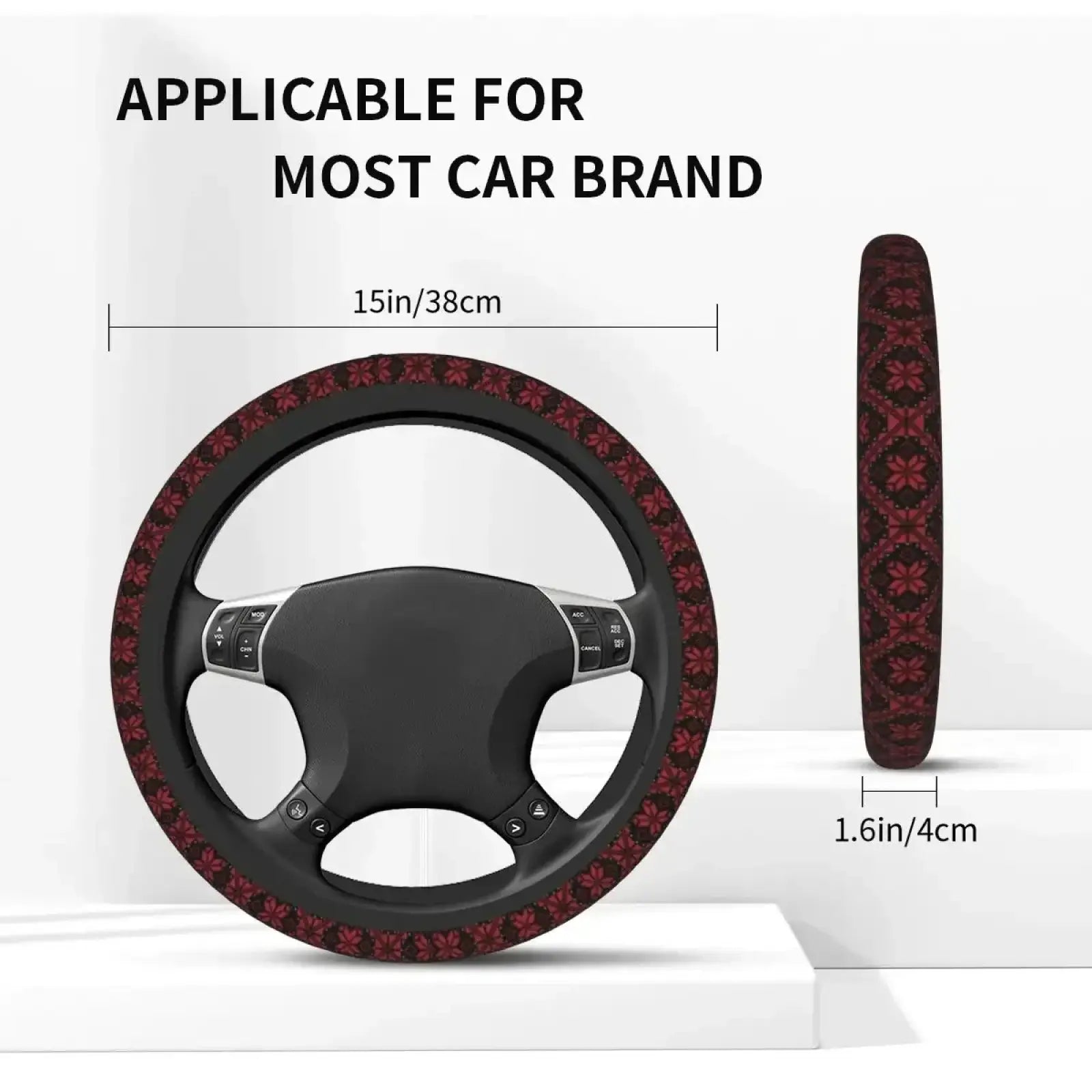 Tatreez car steering wheel cover with red Palestinian floral pattern and black base fits most car brands