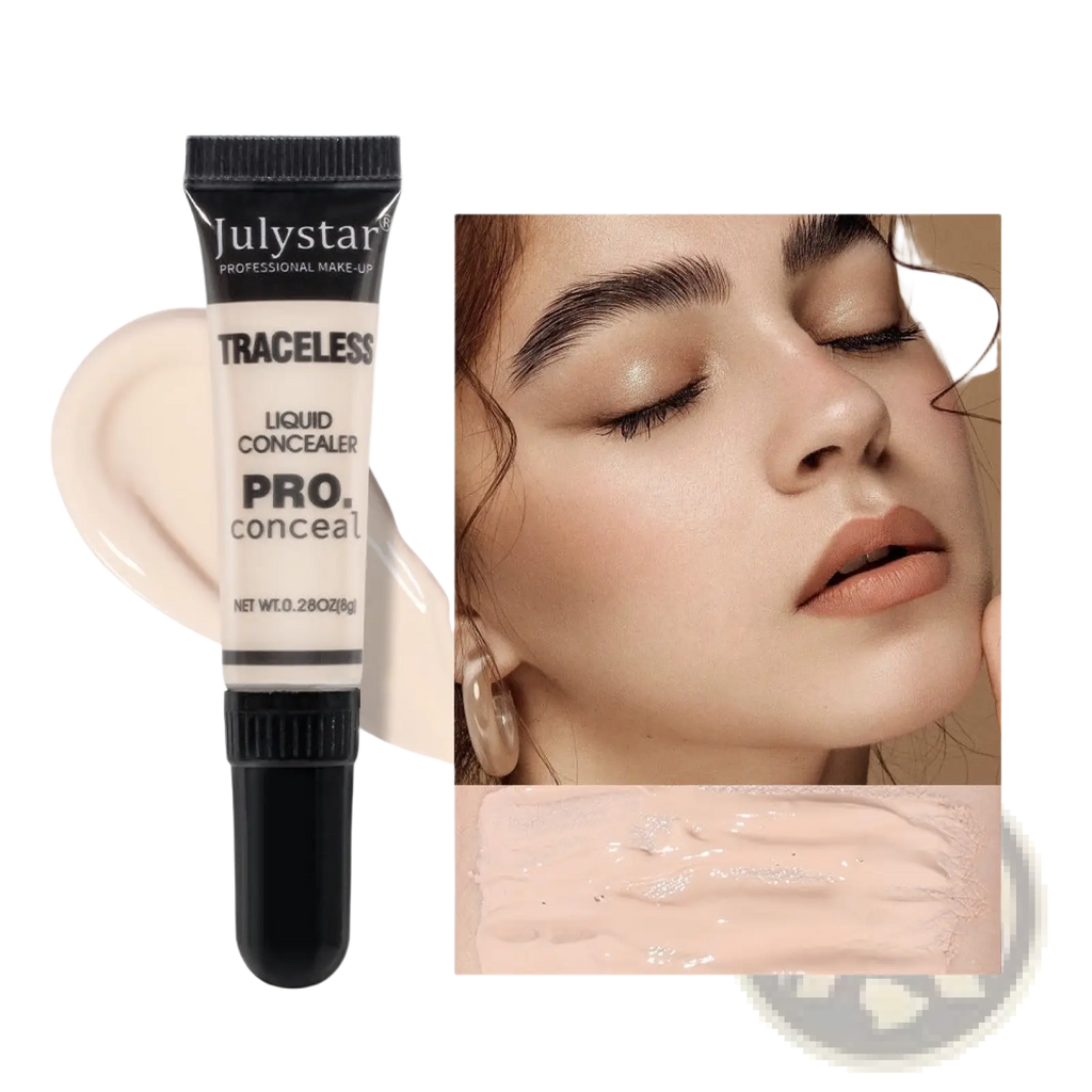 A sleek black-topped tube of julystar traceless pro tattoo concealer in shade 01 with matte finish and white labeling