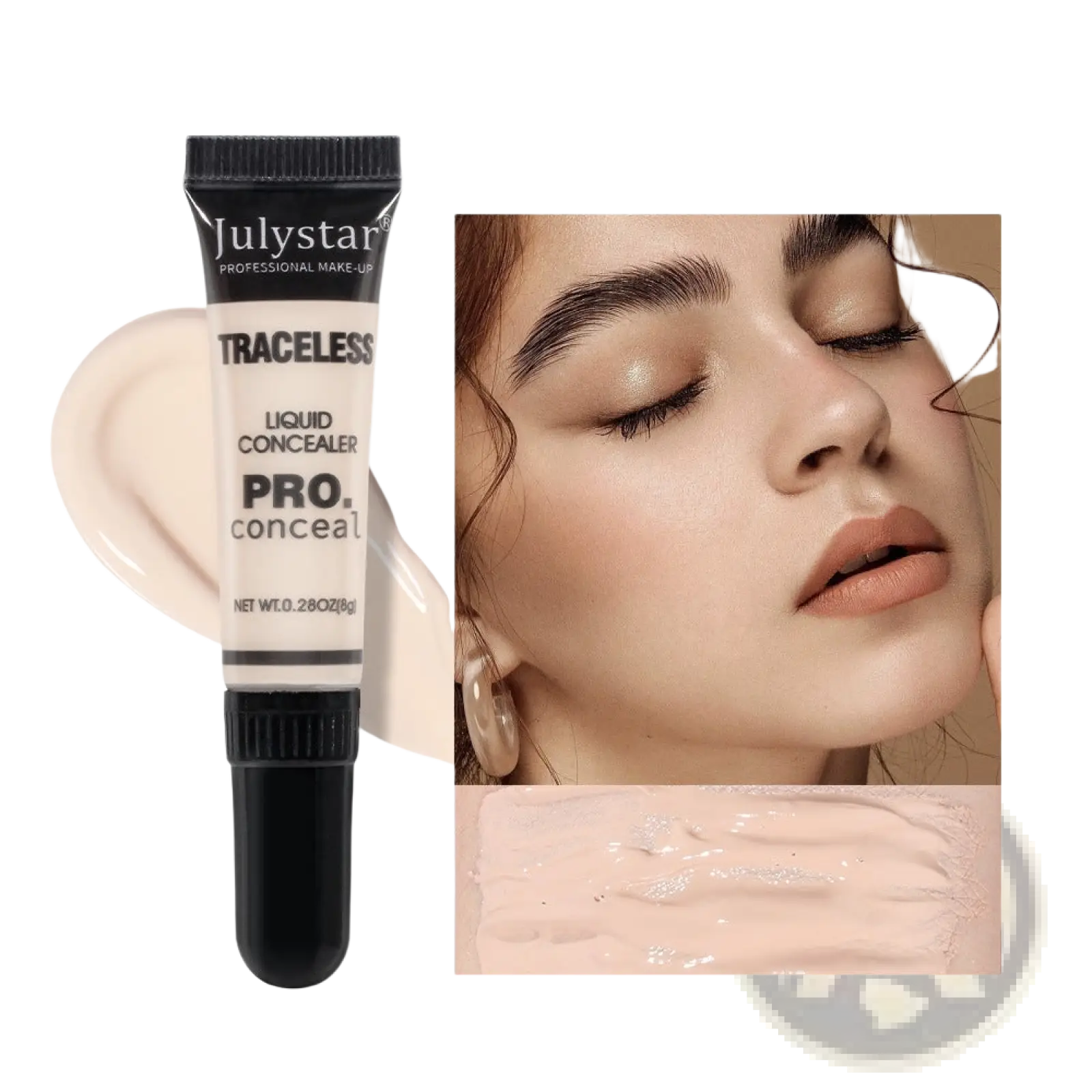A sleek black-topped tube of julystar traceless pro tattoo concealer in shade 01 with matte finish and white labeling