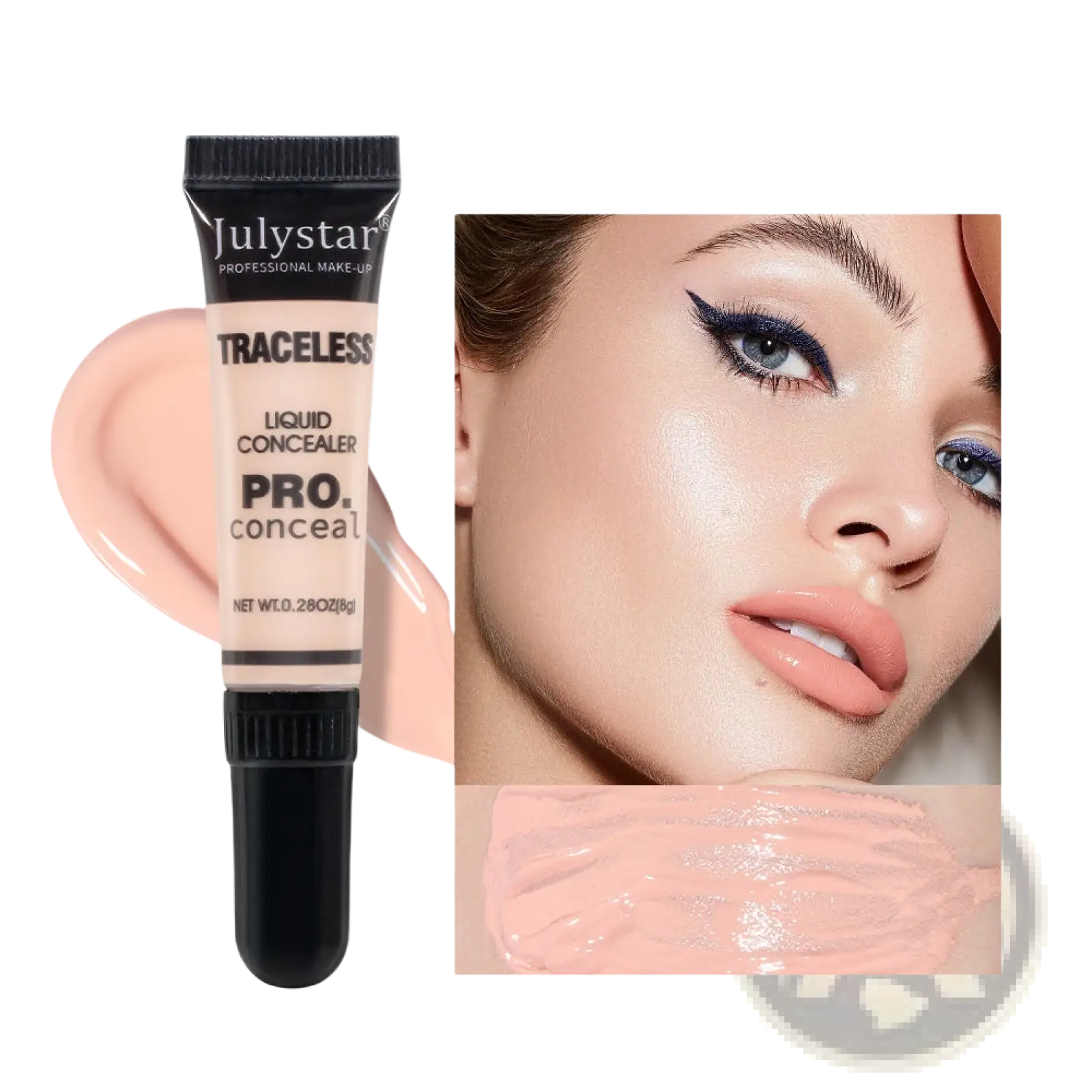Julystar traceless tattoo concealer pro liquid makeup in shade 02 features a sleek black tube with beige swatch for professional use