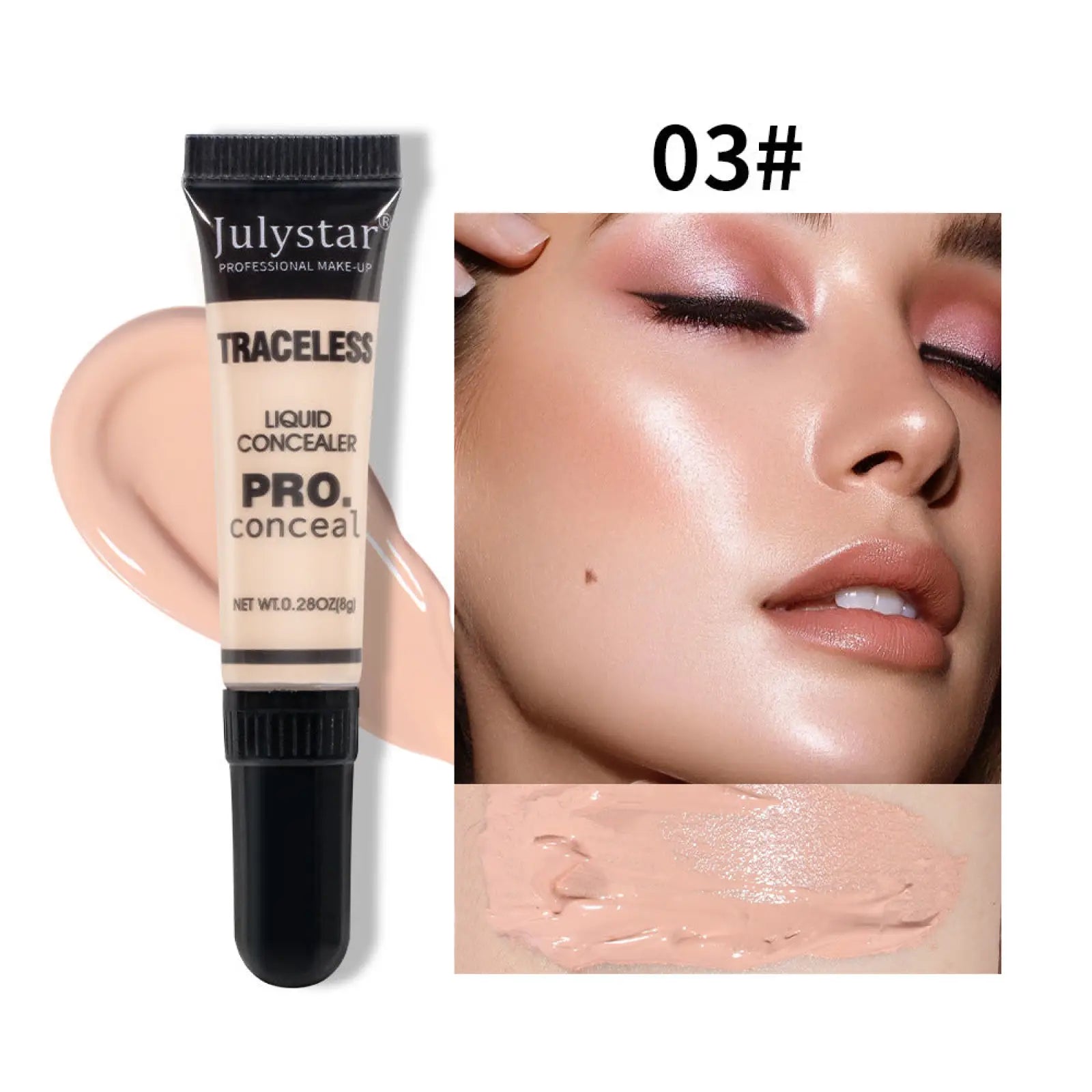 Julystar traceless pro tattoo concealer in shade 03# in a sleek black tube with beige liquid makeup inside