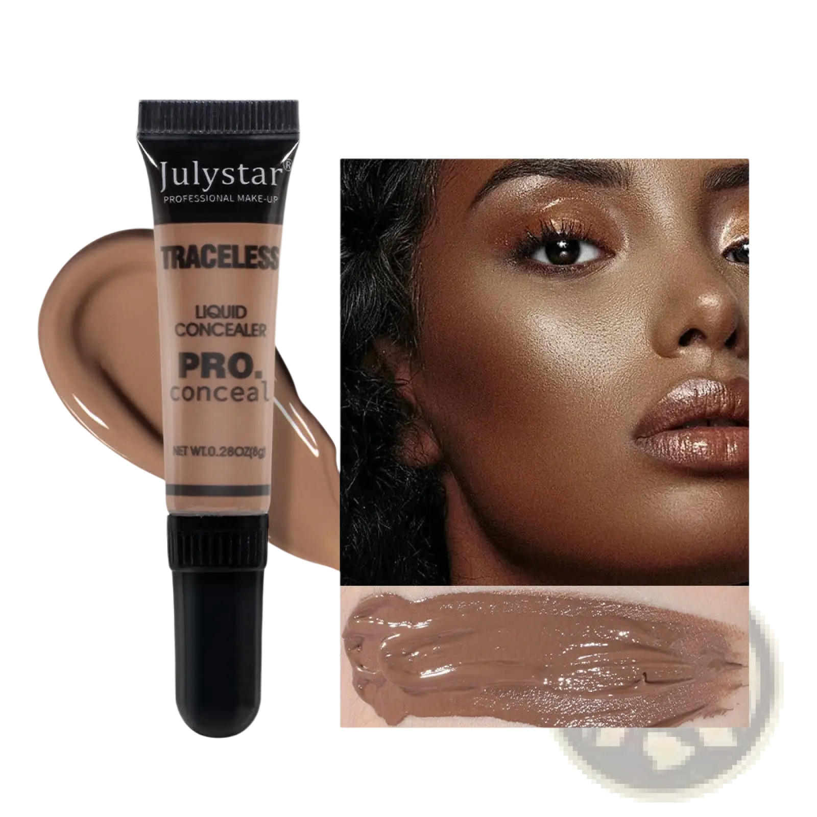 Julystar tattoo concealer traceless pro liquid makeup in shade 05 with sleek black matte tube and creamy beige swatch