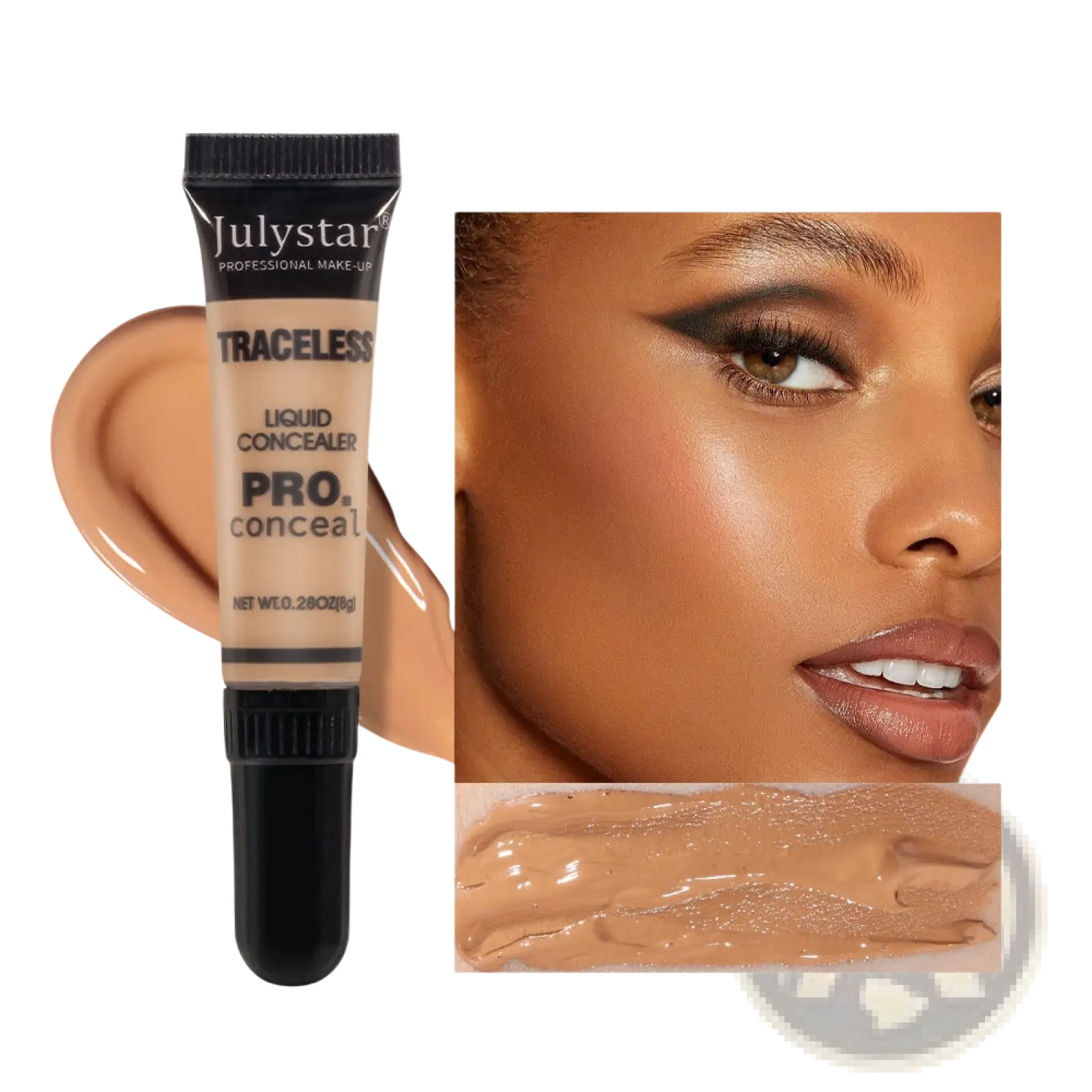 Julystar traceless pro tattoo concealer in shade 06, sleek black tube with ribbed cap and creamy beige formula