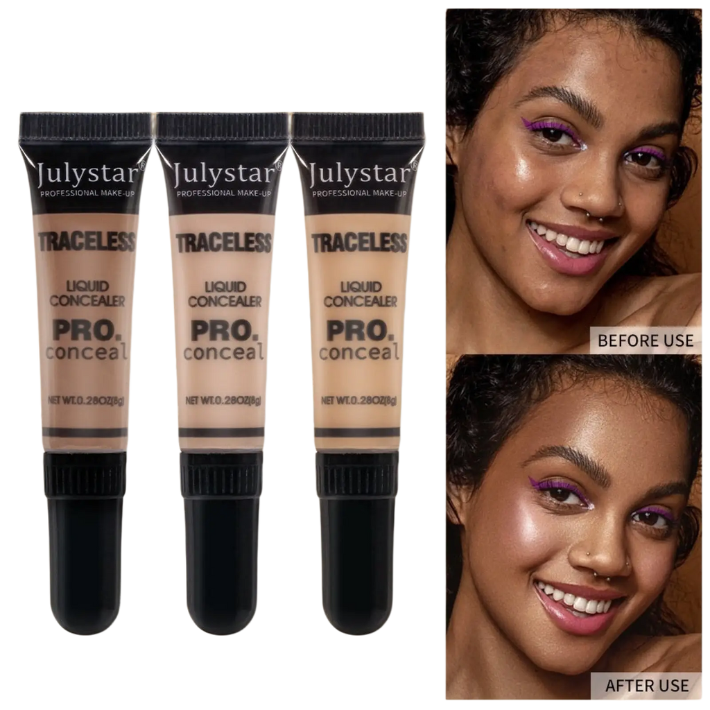 Three black-topped tubes of julystar traceless pro liquid tattoo concealer in beige shade with 0.28 oz each