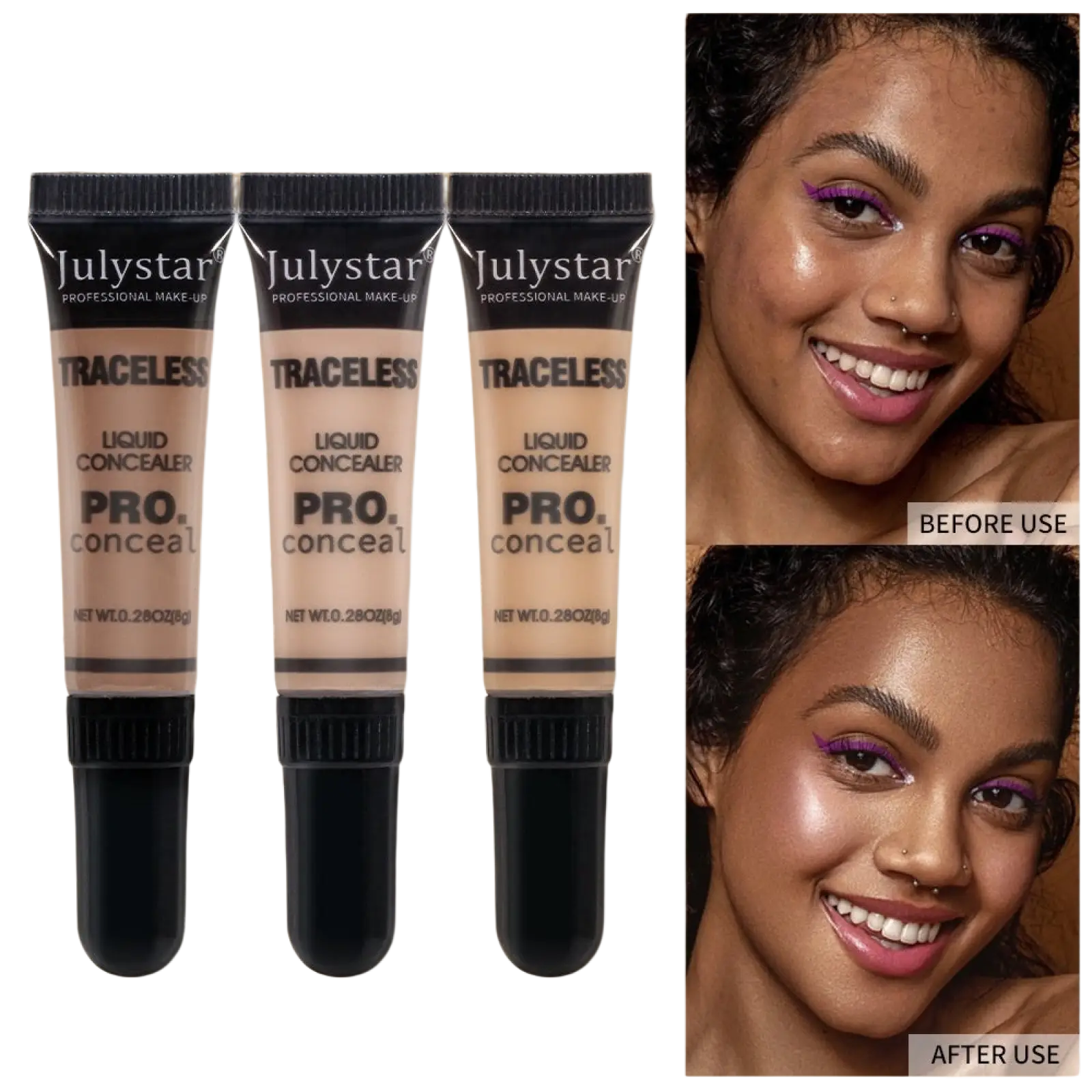 Three black-topped tubes of julystar traceless pro liquid tattoo concealer in beige shade with 0.28 oz each