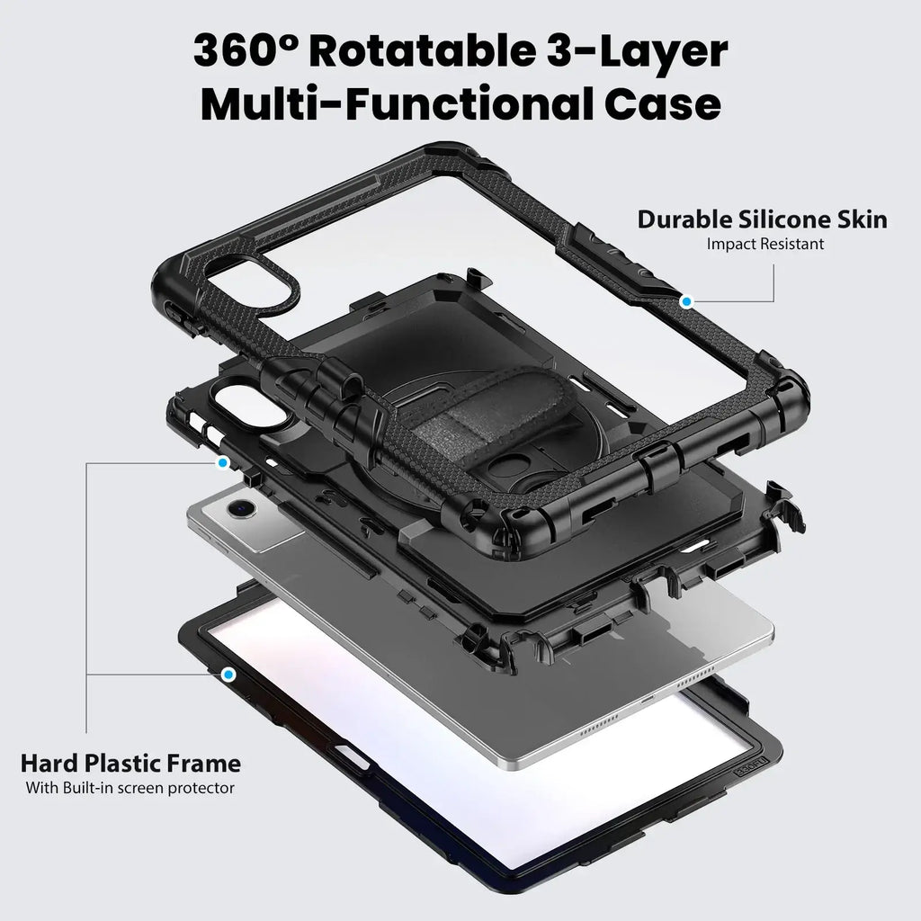 Black 360-degree rotatable multi-functional tb336fu xiaoxin pad 11 armor case with durable silicone skin and hard plastic frame