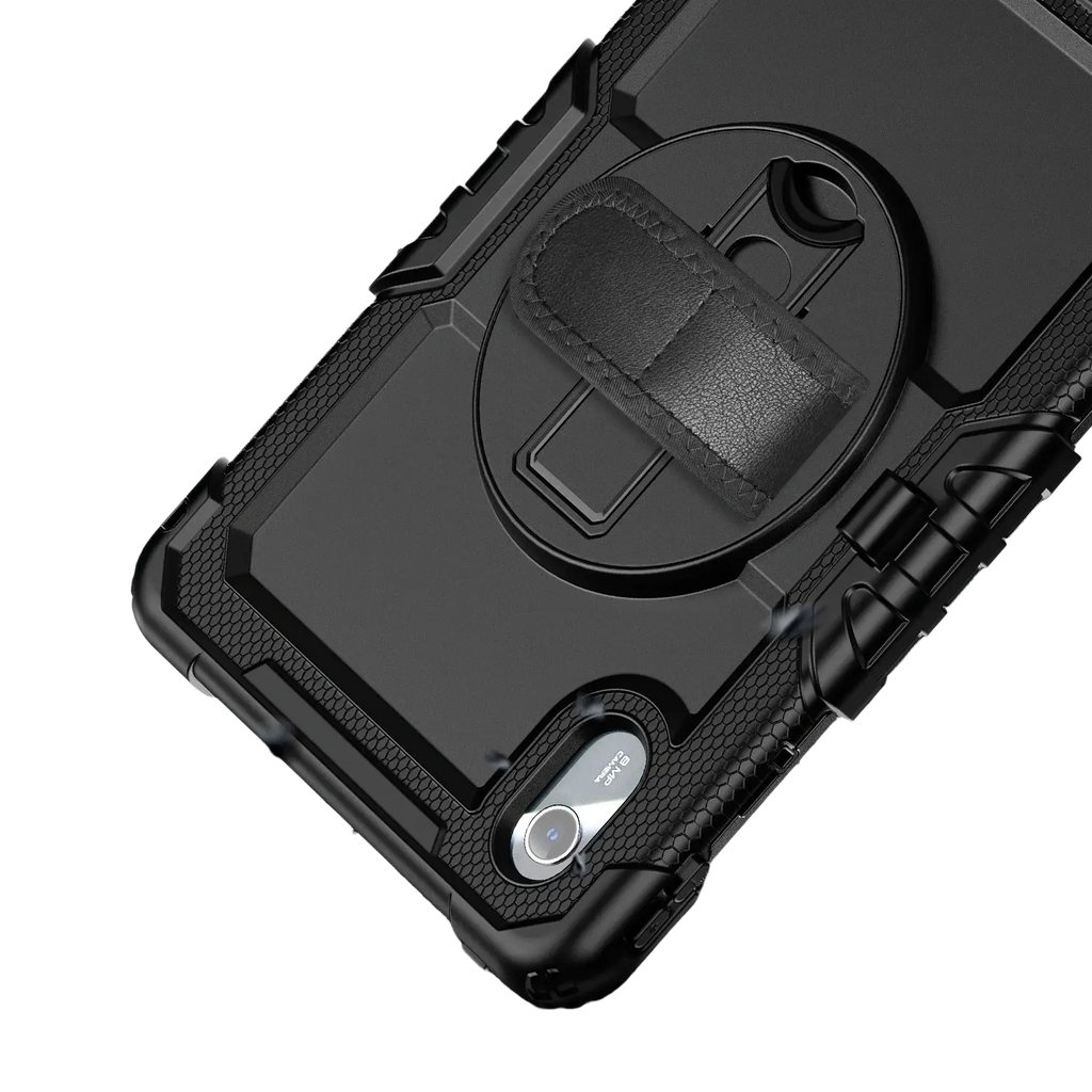 Black rugged tb336fu xiaoxin pad 11 armor case with textured design and built-in leather strap kickstand back side view
