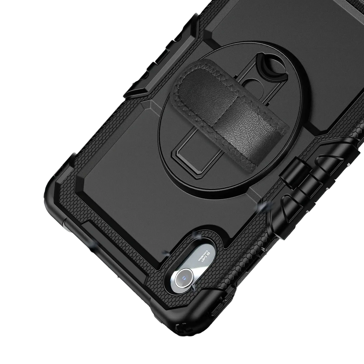 Black rugged tb336fu xiaoxin pad 11 armor case with textured design and built-in leather strap kickstand back side view