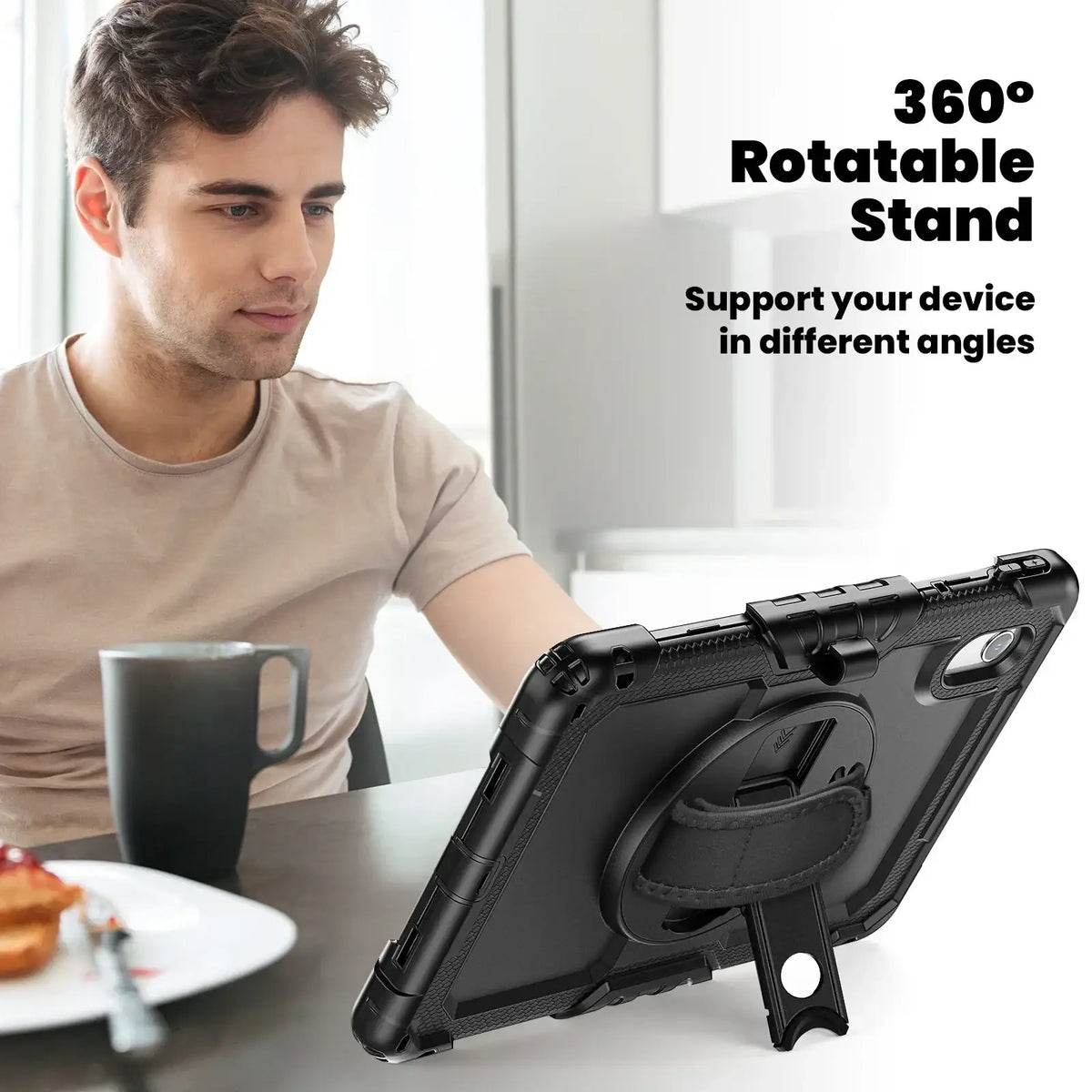Black rugged tb336fu xiaoxin pad armor case with 360-degree rotatable stand and strap shown from back side