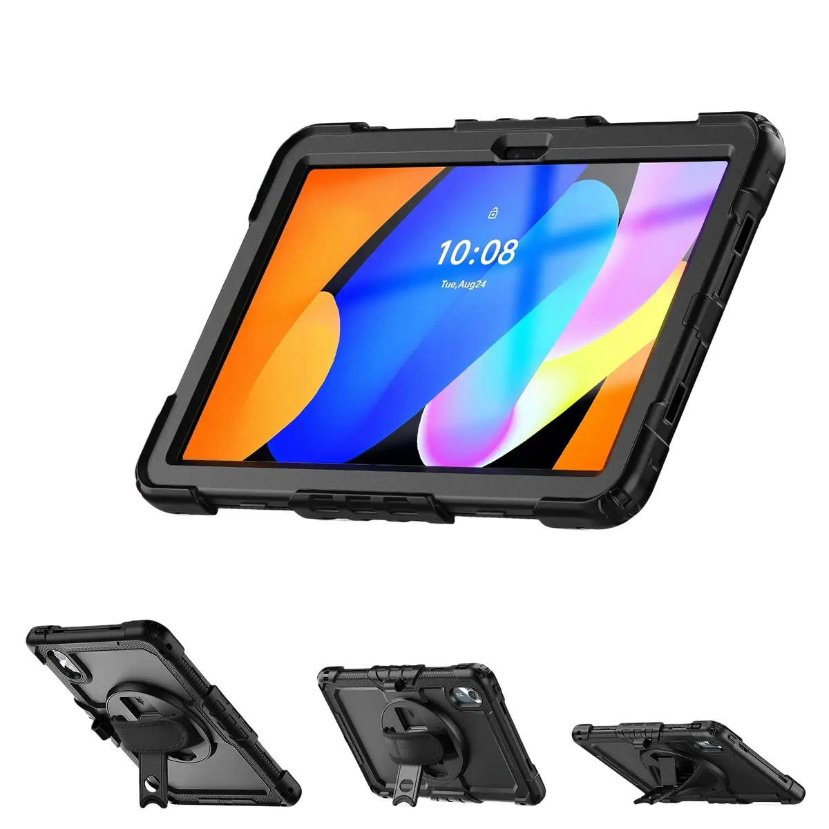 Black rugged tb336fu xiaoxin pad 11 armor case with strap and 360-degree rotatable kickstand shown from the back side