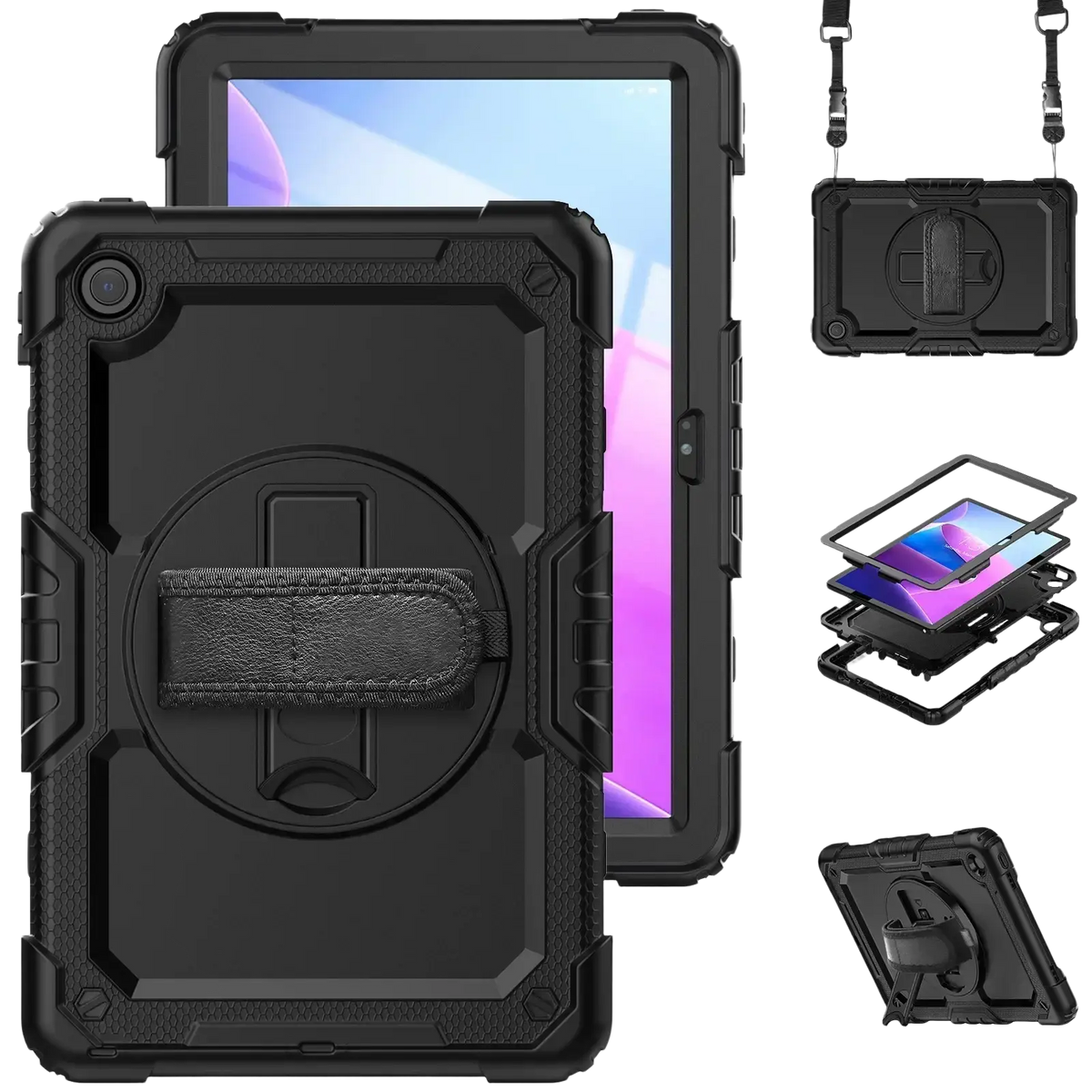 Black rugged tb336fu xiaoxin pad 11 armor case with textured grip and built-in kickstand shown from the back side