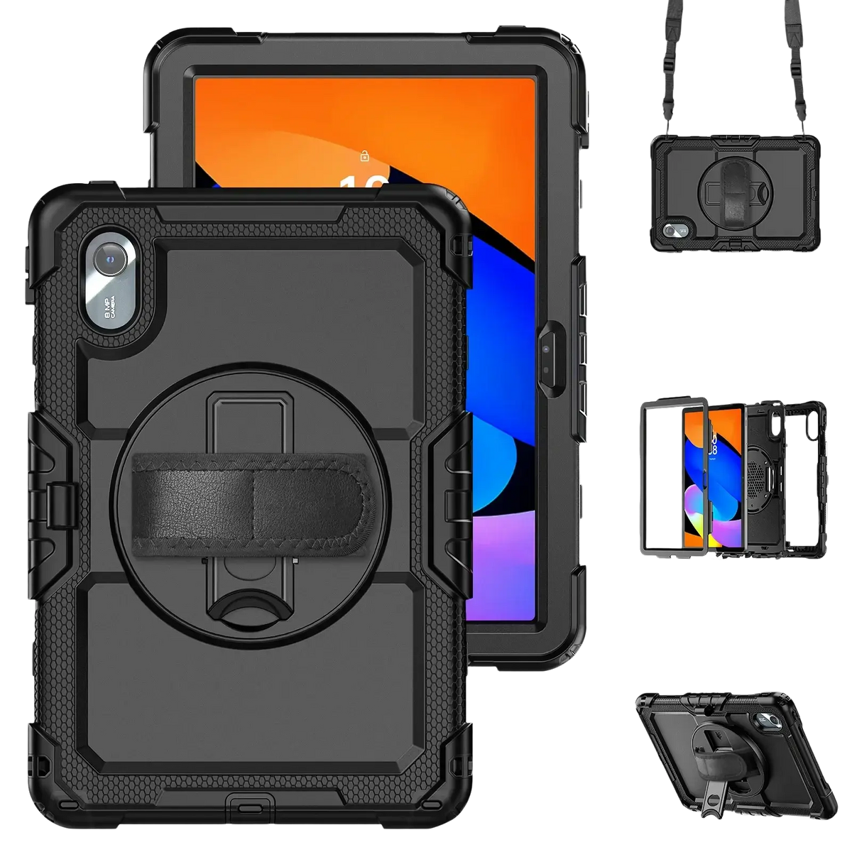 Black rugged tb336fu xiaoxin pad tablet case with built-in rotating kickstand and textured grip on back side