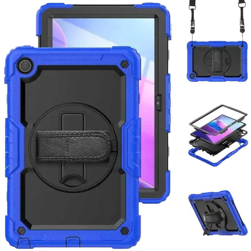Blue and black rugged tb336fu xiaoxin pad 11 armor case with built-in stand and strap shown from the back side