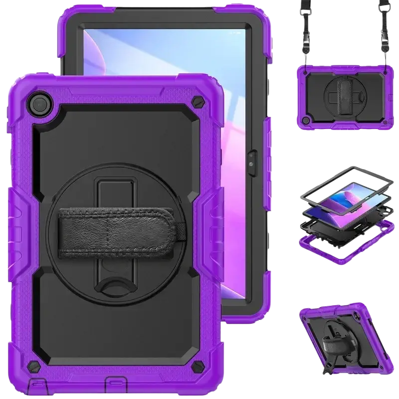 Purple and black rugged tb336fu xiaoxin pad armor case with built-in stand textured grip edges and detachable strap