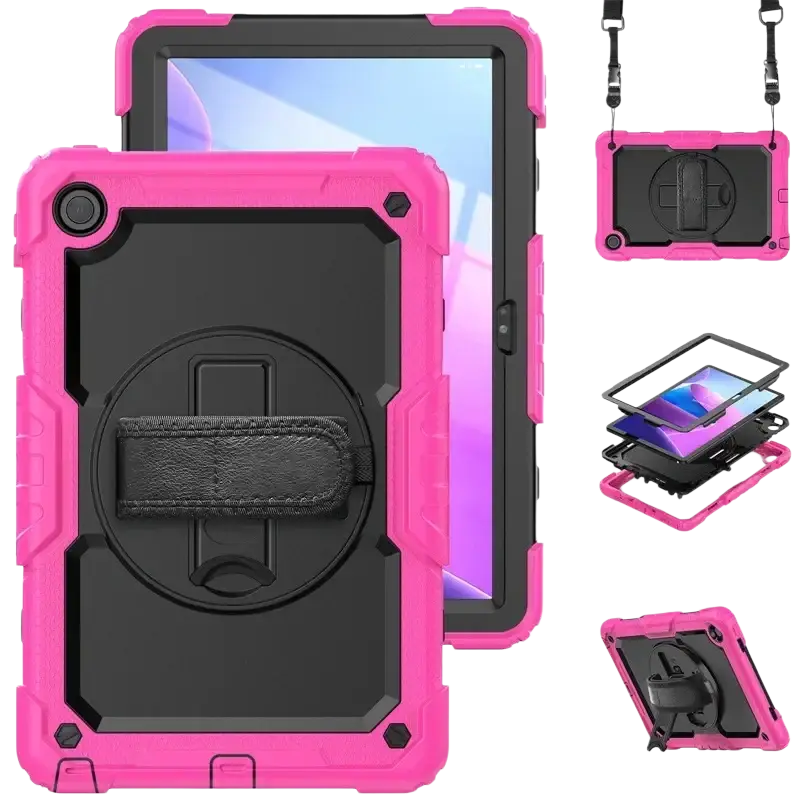 Vibrant pink and black rugged tb336fu xiaoxin pad armor case with built-in rotating stand and detachable strap