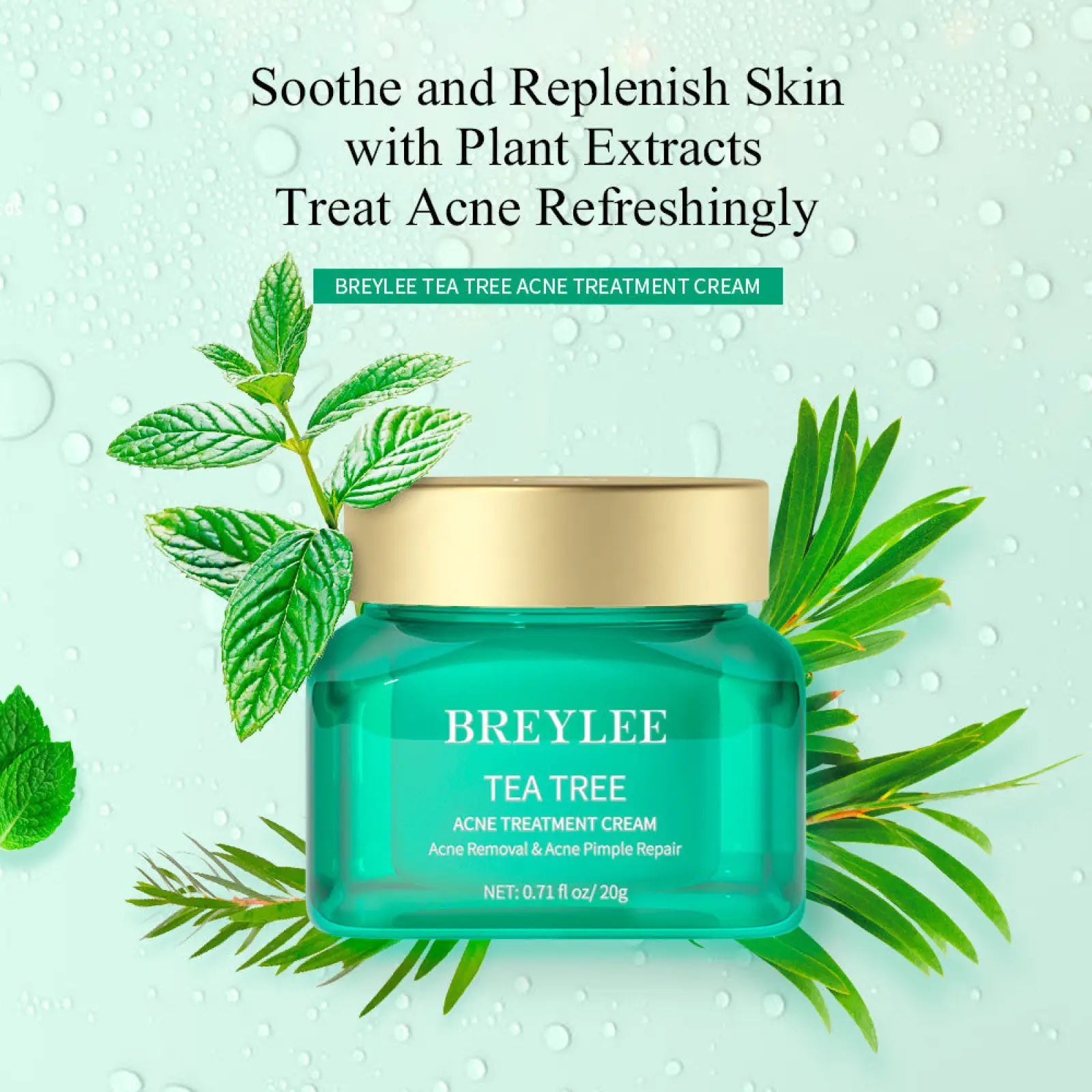 Teal glass jar with gold lid containing Breylee tea tree acne treatment face and neck cream 20g