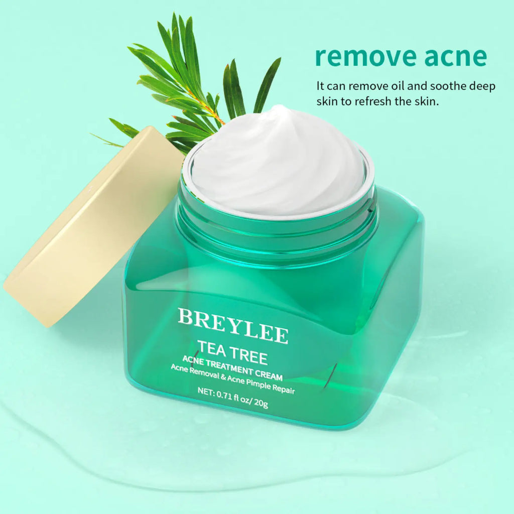 Breylee tea tree acne treatment face and neck cream 20g in a translucent green jar with beige lid and fresh green leaves