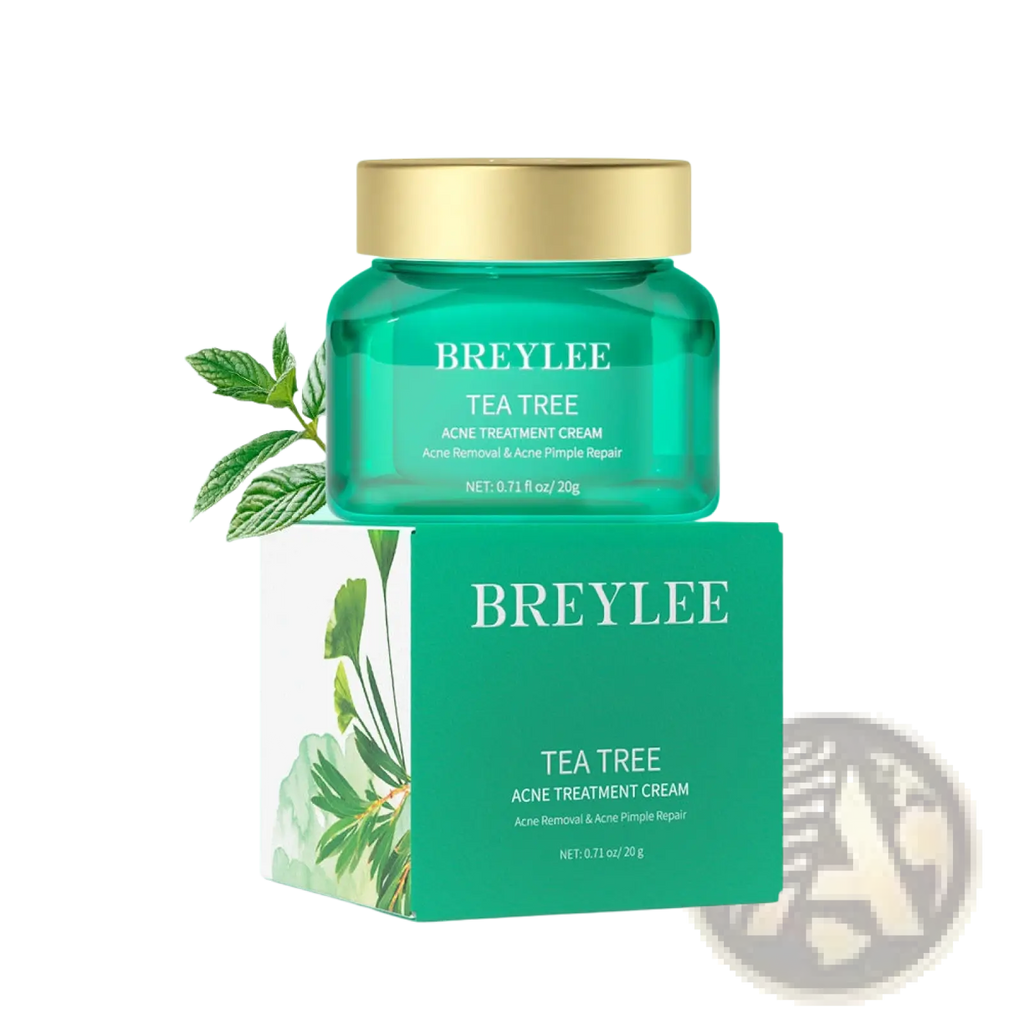 Breylee tea tree acne treatment face and neck cream in a translucent green jar with gold lid on its matching box