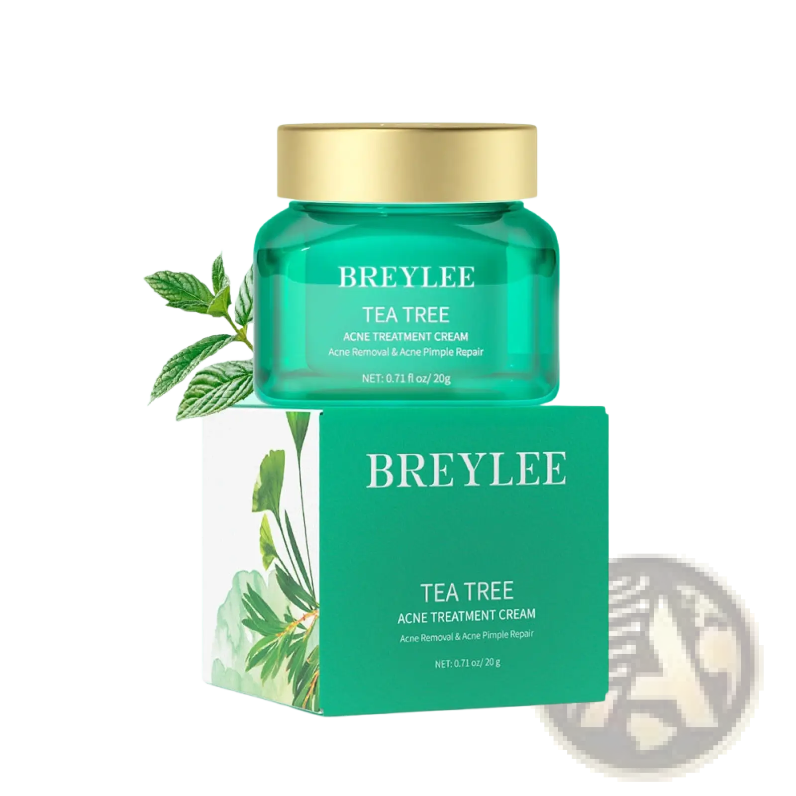 Breylee tea tree acne treatment face and neck cream in a translucent green jar with gold lid on its matching box