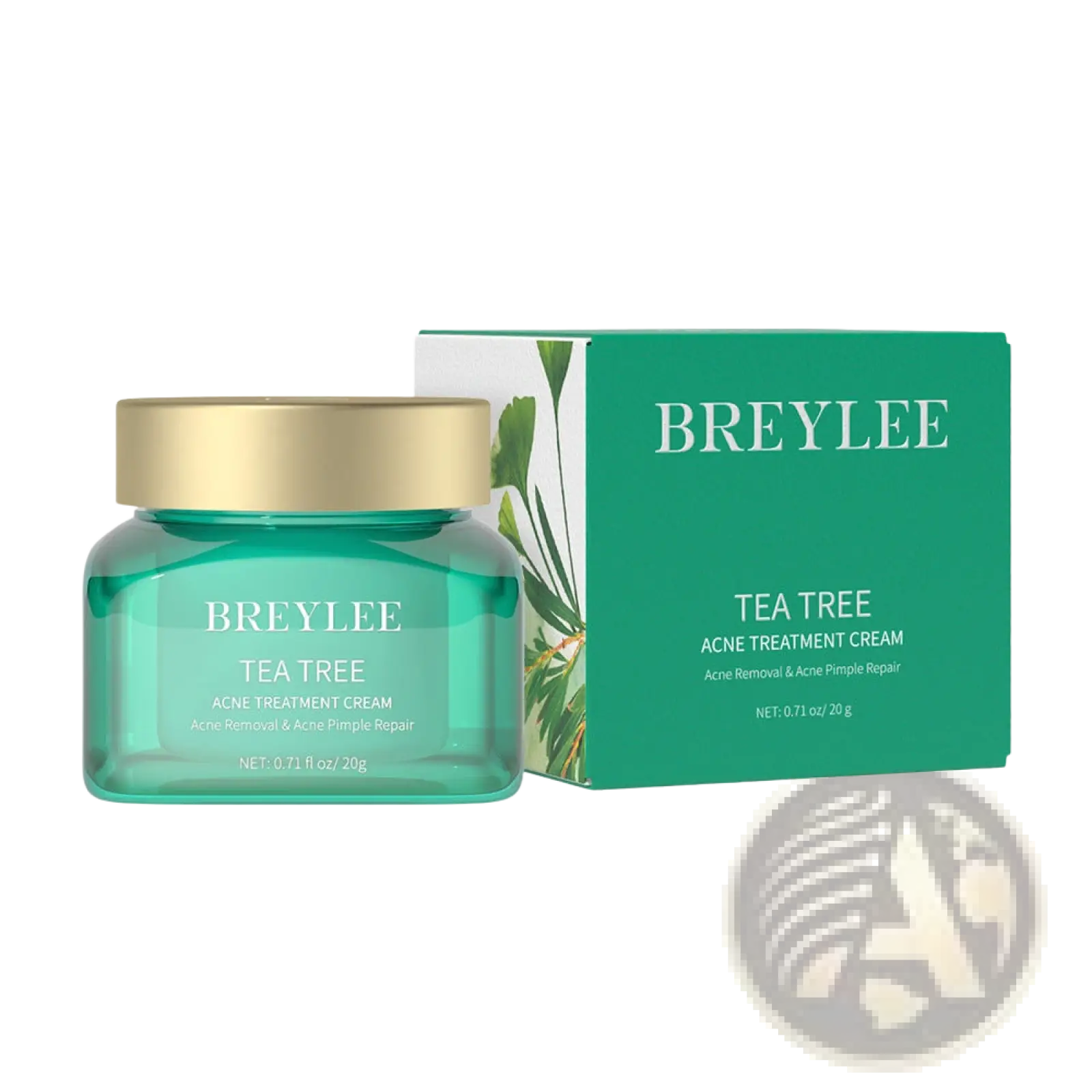 Teal glass jar with gold lid containing Breylee tea tree acne treatment face and neck cream 20g