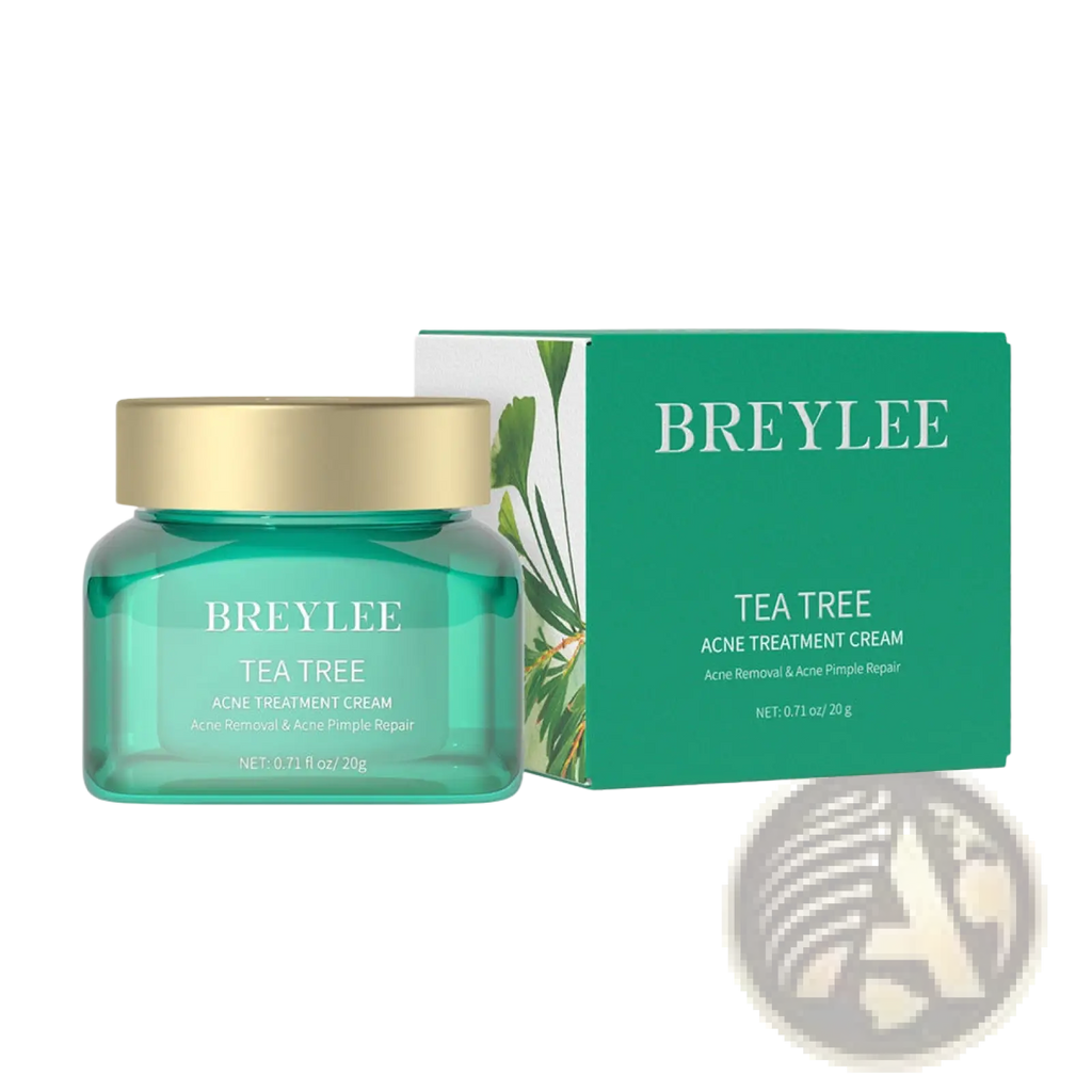 Teal glass jar with gold lid containing Breylee tea tree acne treatment face and neck cream 20g