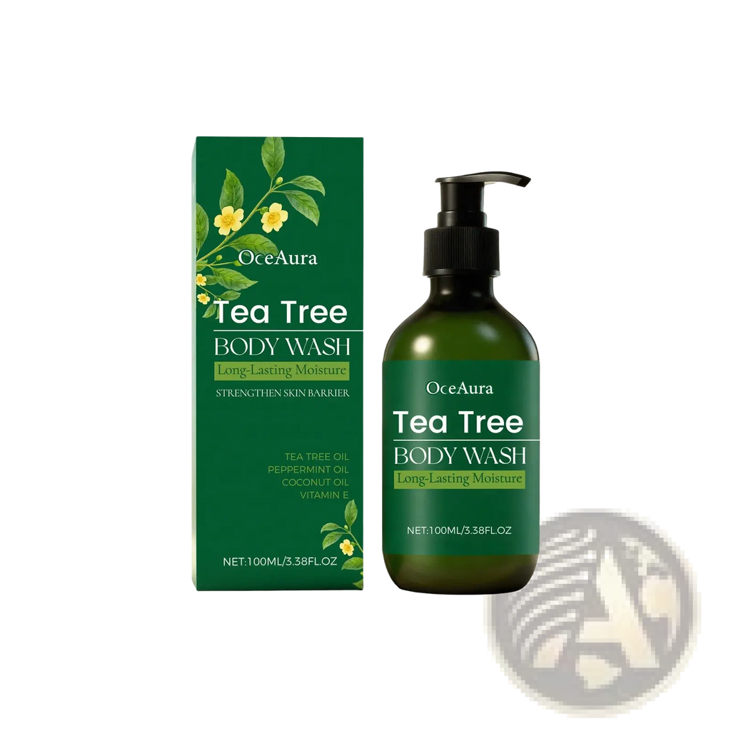 Oceaura tea tree body wash moisturizing skin cleanser in dark green glass bottle with black pump and yellow flower box