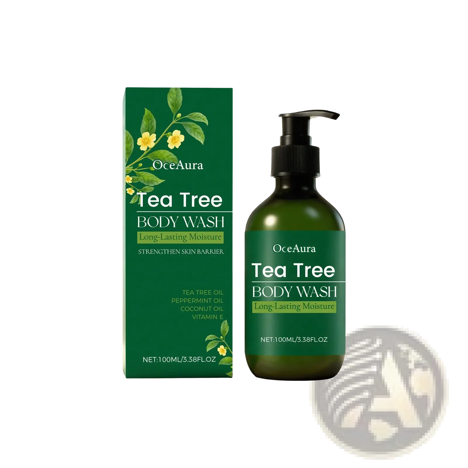 Oceaura tea tree body wash moisturizing skin cleanser in dark green glass bottle with black pump and yellow flower box