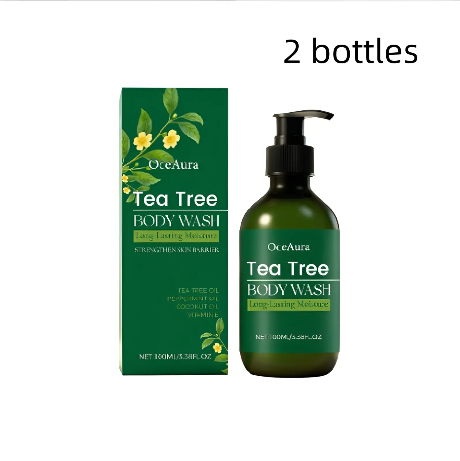 Oceaura tea tree body wash moisturizing skin cleanser in a dark green glass bottle with black pump and matching box with yellow flowers