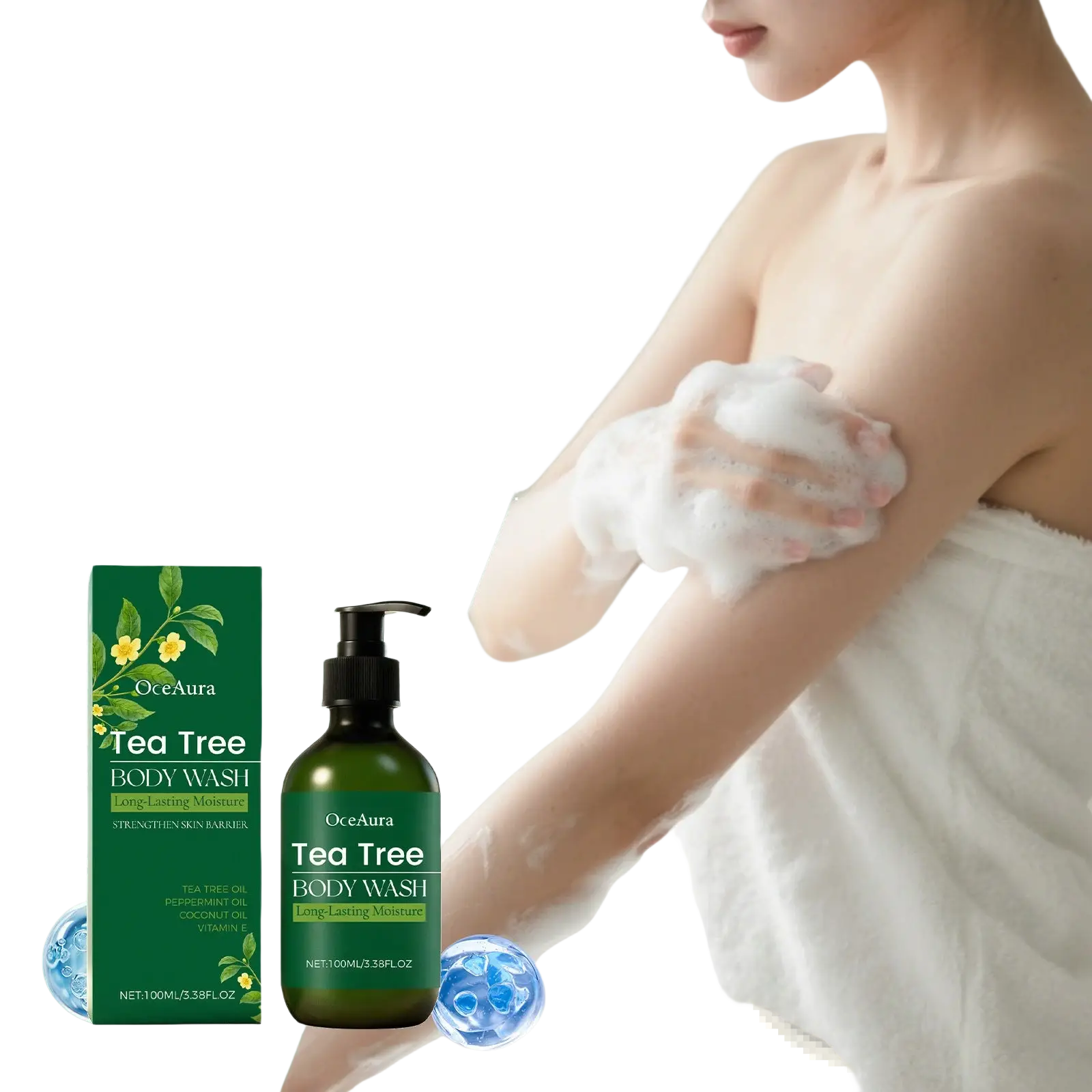 Green glass bottle of Oceaura tea tree body wash with black pump dispenser moisturizing skin cleanser 100ml