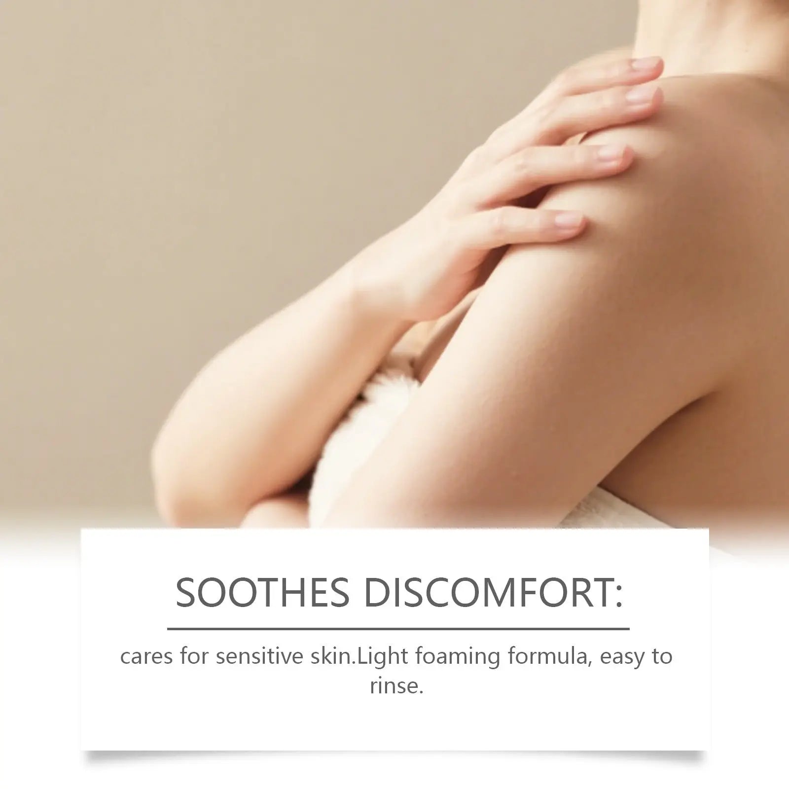 A soft light beige fabric wrap gently cradles a shoulder next to tea tree body wash moisturizing skin cleanser 100ml