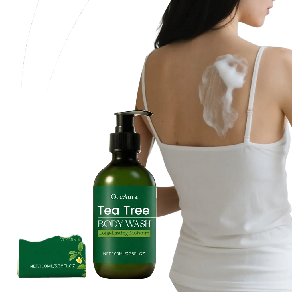 Oceaura tea tree body wash moisturizing skin cleanser in a dark green glass bottle with yellow flower label 100ml