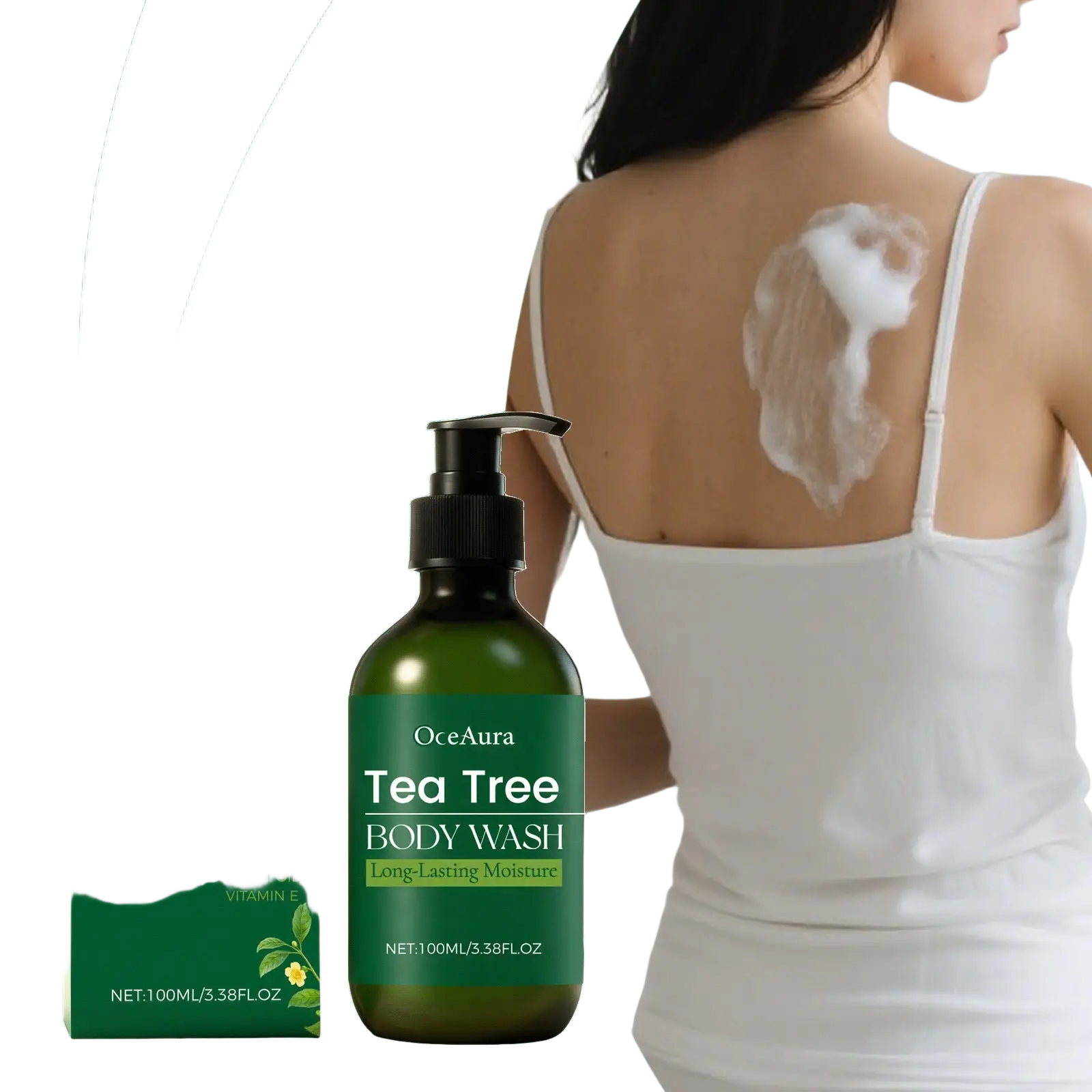 Oceaura tea tree body wash moisturizing skin cleanser in a dark green glass bottle with yellow flower label 100ml