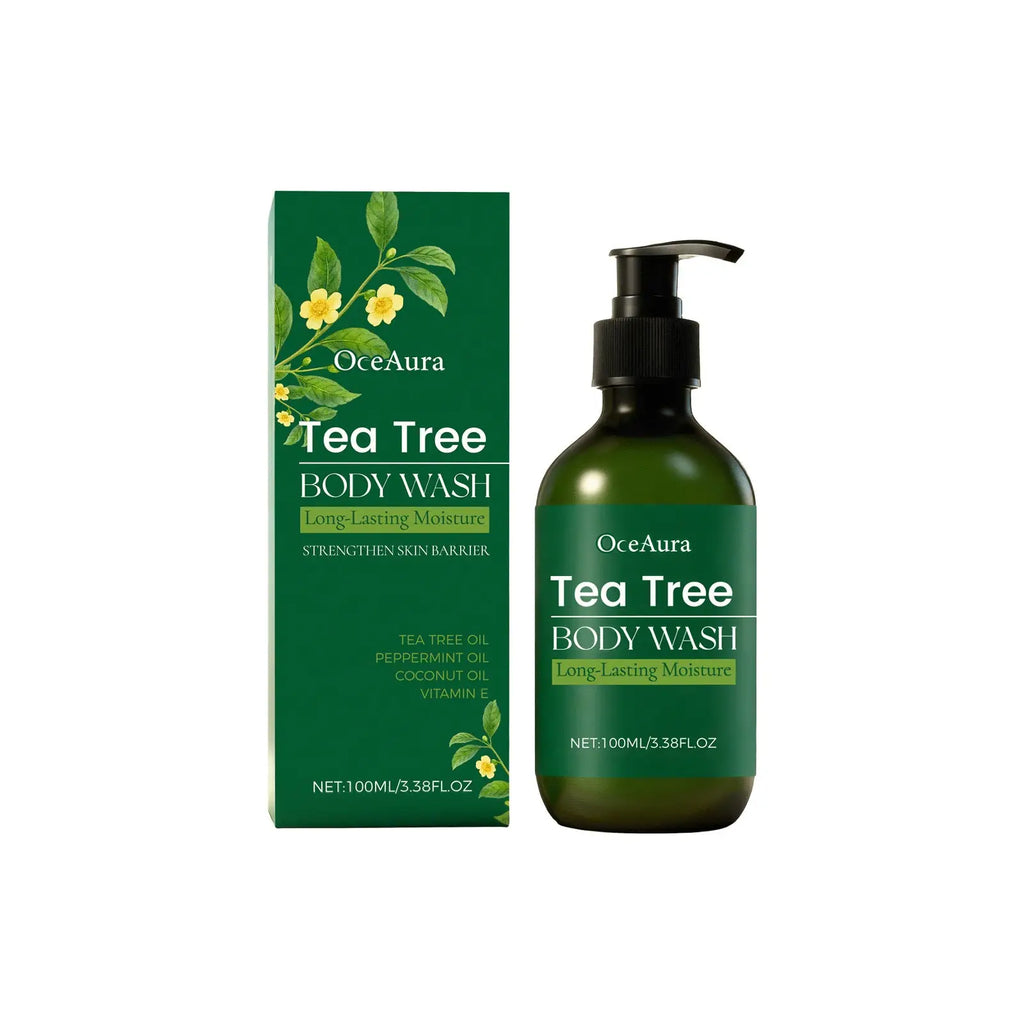 Oceaura tea tree body wash moisturizing skin cleanser in dark green glass bottle with black pump and matching green box with yellow flowers