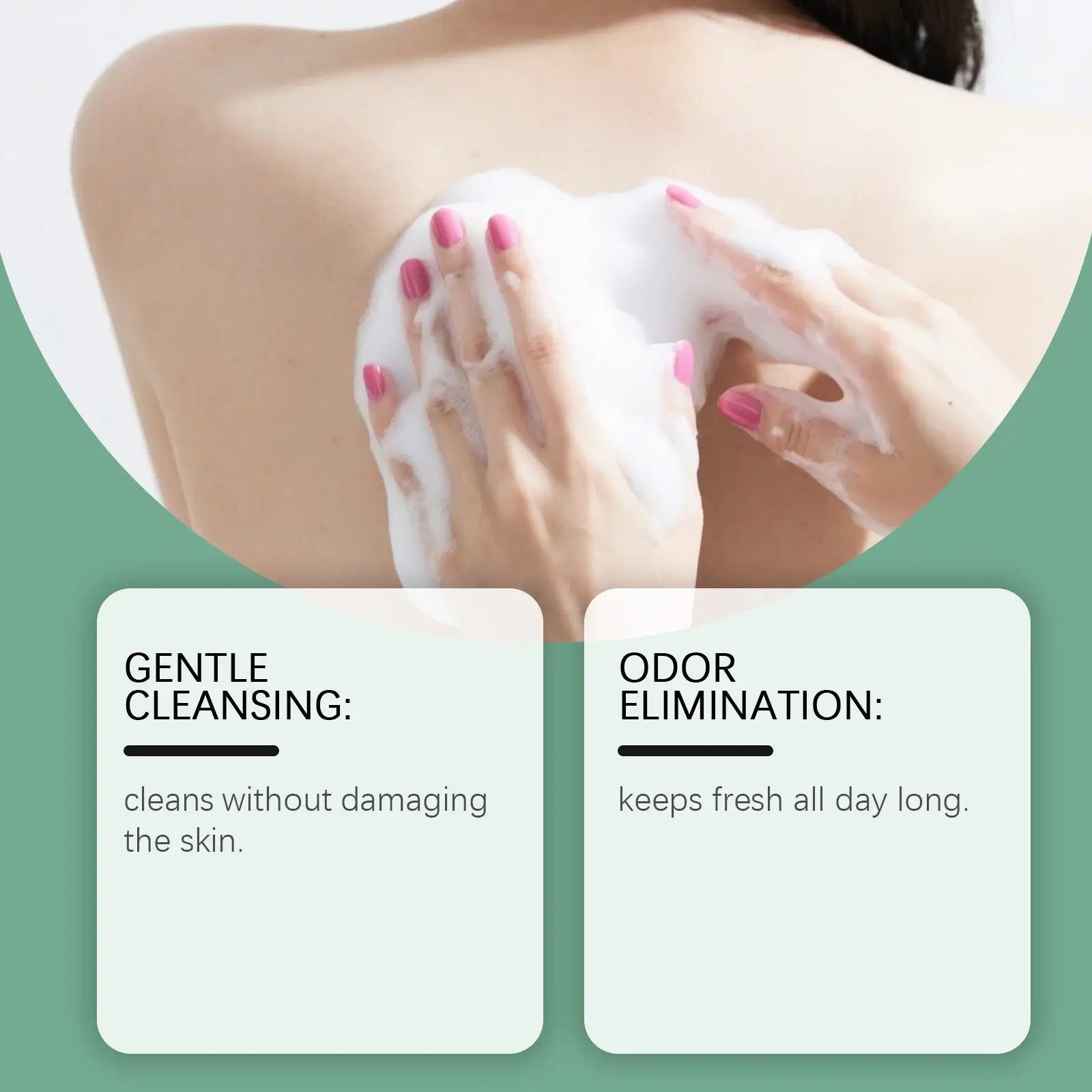 A creamy white foaming tea tree body wash moisturizing skin cleanser lathered onto skin by hands with pink nail polish