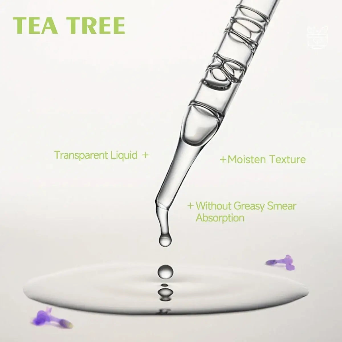 Clear glass dropper with slender spiraled design holding transparent tea tree essential oil for skin and hair care