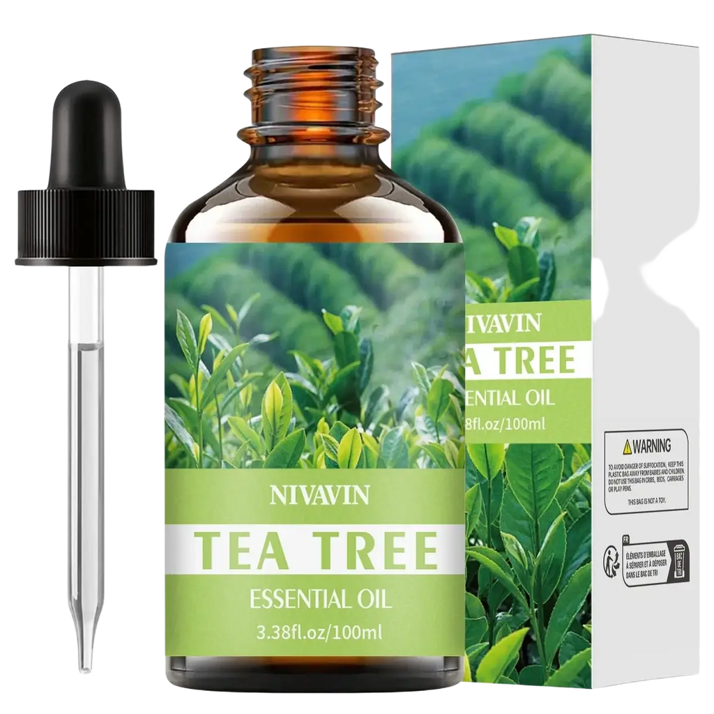 Nivavin tea tree essential oil in 3.38 fl oz amber glass bottle with black dropper and green leaf box for skin and hair care