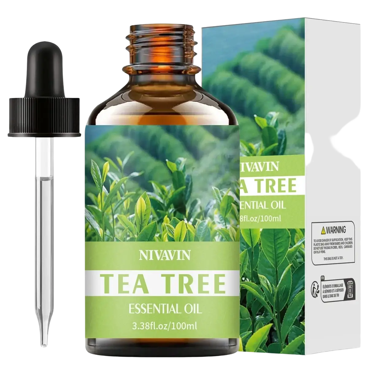 Nivavin tea tree essential oil in 3.38 fl oz amber glass bottle with black dropper and green leaf box for skin and hair care