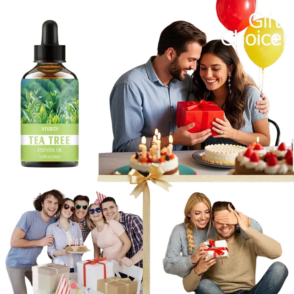 Nivwin tea tree essential oil in a dark amber glass bottle with black dropper for pure skin and hair care