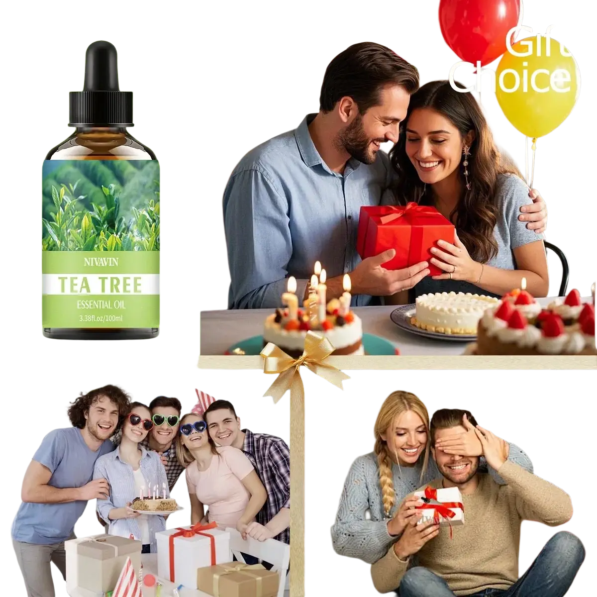 Nivwin tea tree essential oil in a dark amber glass bottle with black dropper for pure skin and hair care