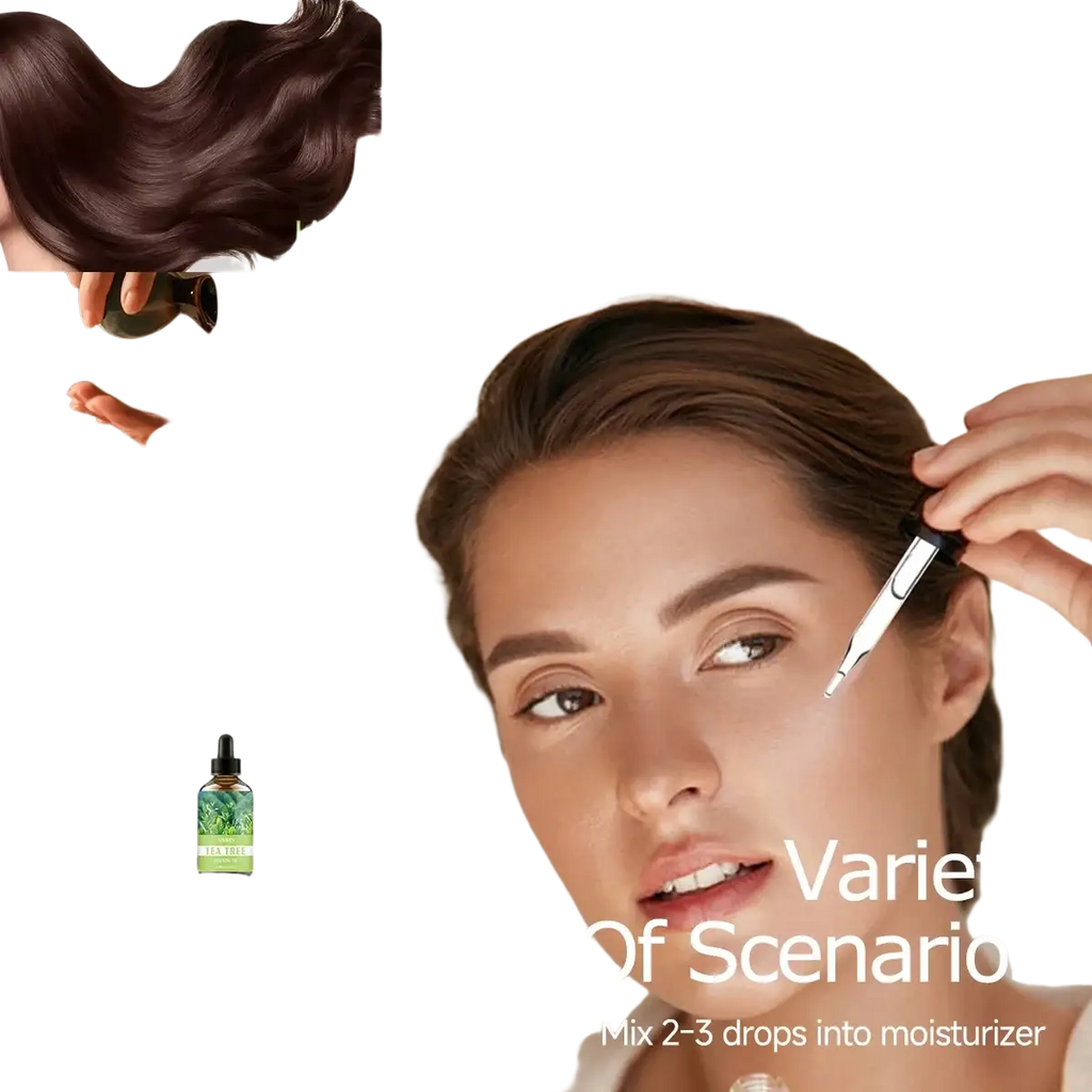 A sleek dark green glass bottle of tea tree essential oil with a black dropper cap for pure skin and hair care