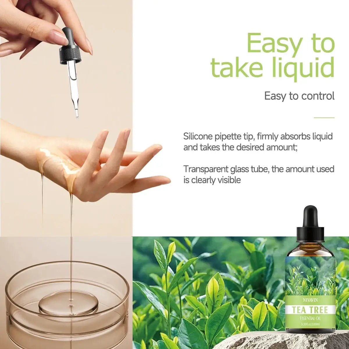 A transparent glass bottle of niawin tea tree essential oil with a black dropper cap and amber liquid for skin care