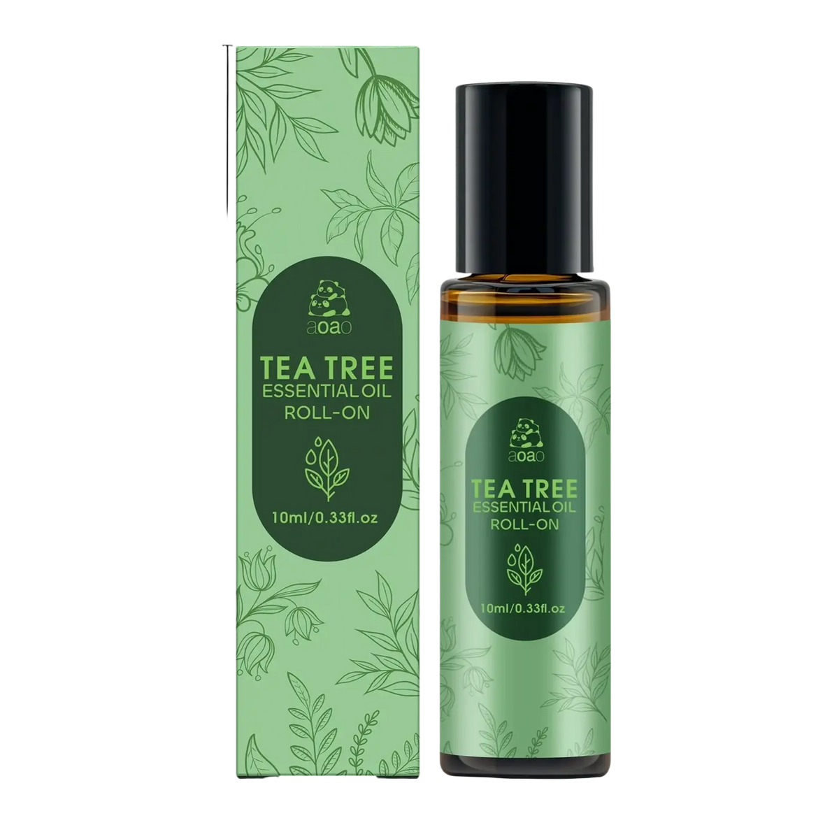 Aoa tea tree essential oil roll-on in green and black leaf-patterned bottle for skin care use