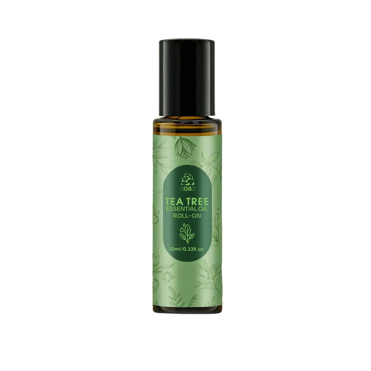 A 10ml amber glass bottle with black cap and green label of aoa tea tree essential oil roll-on for skin care