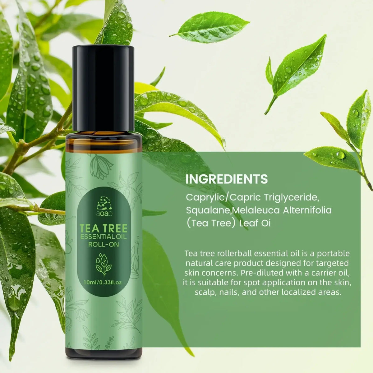 A sleek 10ml amber glass essential oil roll-on with black cap and green leaf label for skin care by aao tea tree