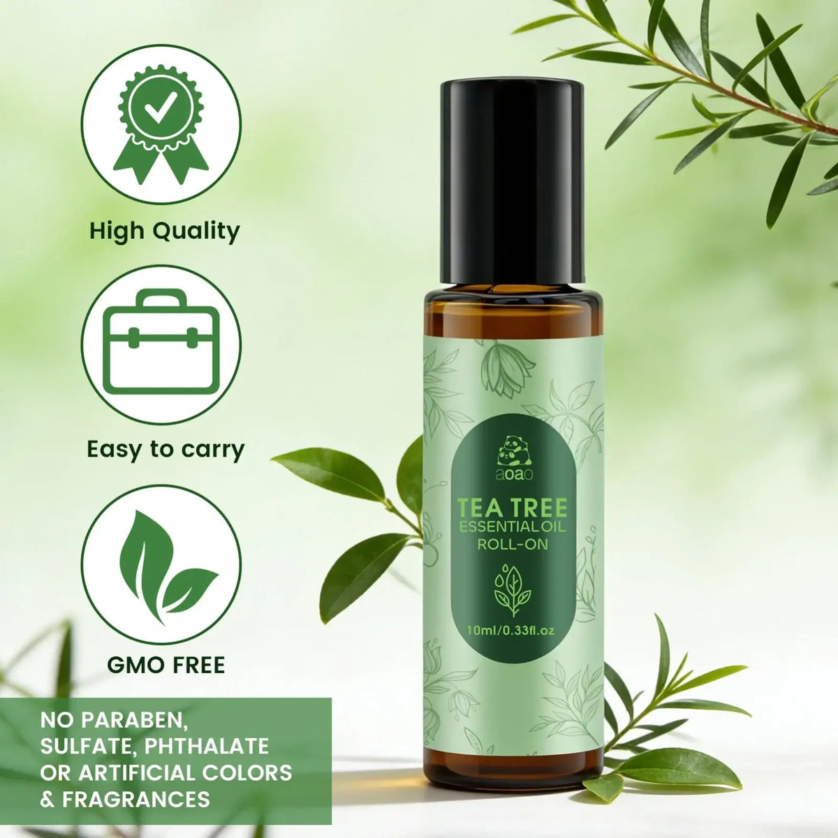 A sleek amber glass bottle with black cap and green leafy label holds 10ml aoa tea tree essential oil roll-on for skin care