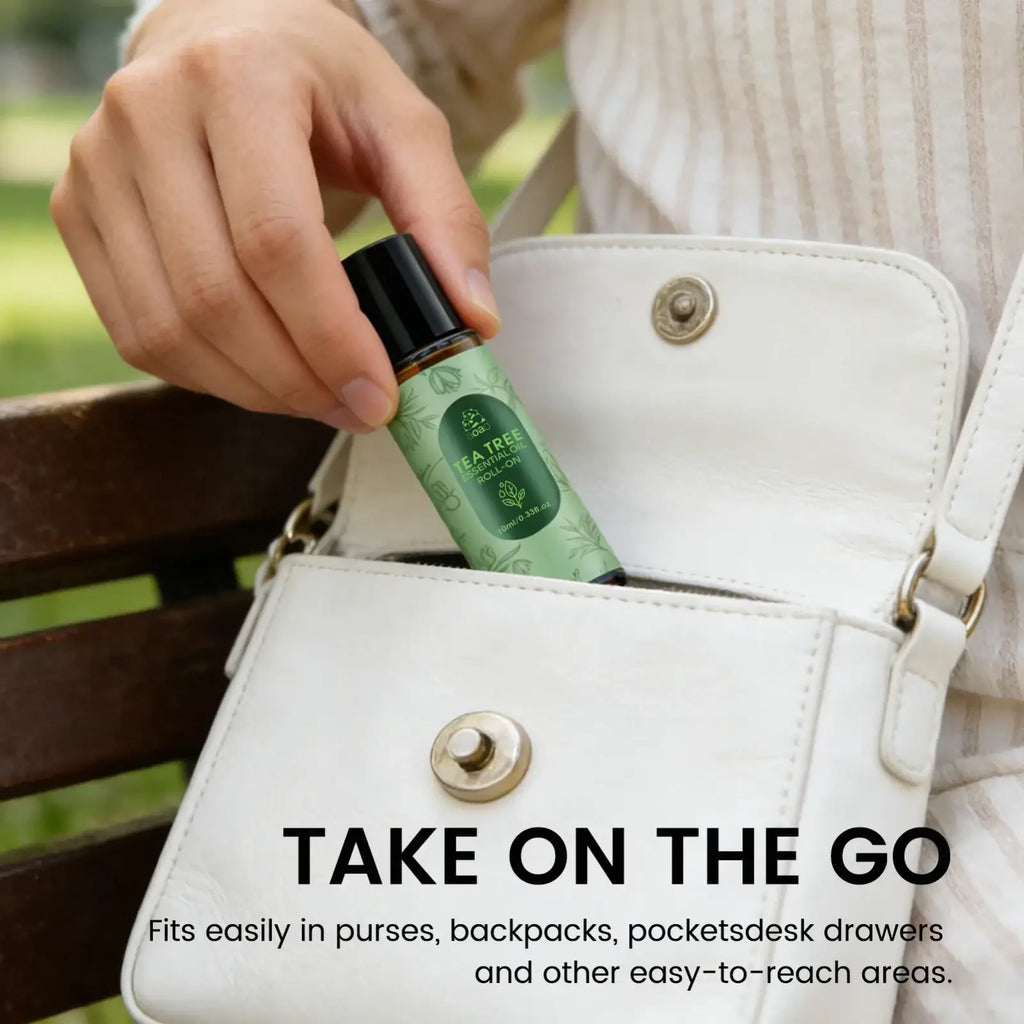 A sleek green and black tea tree essential oil roll-on with matte finish and botanical design for skin care